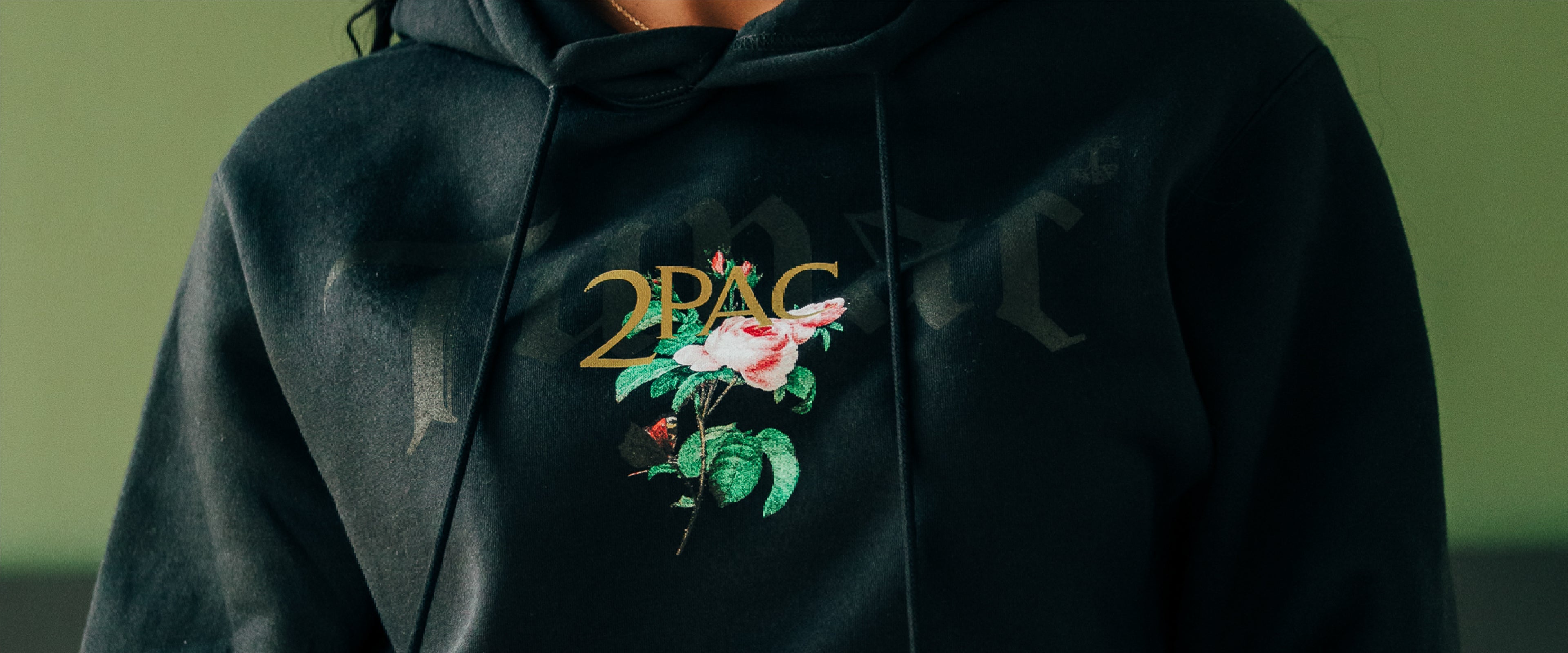 Model wearing Roses hoodie from Tupac collection