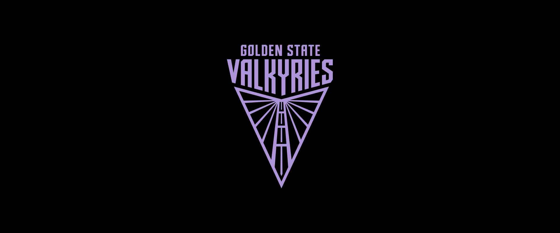 Purple, angular logo of the "Golden State Valkyries" on a black background. The geometric design features a stylized triangle with radiating lines, enhancing the bold text above.