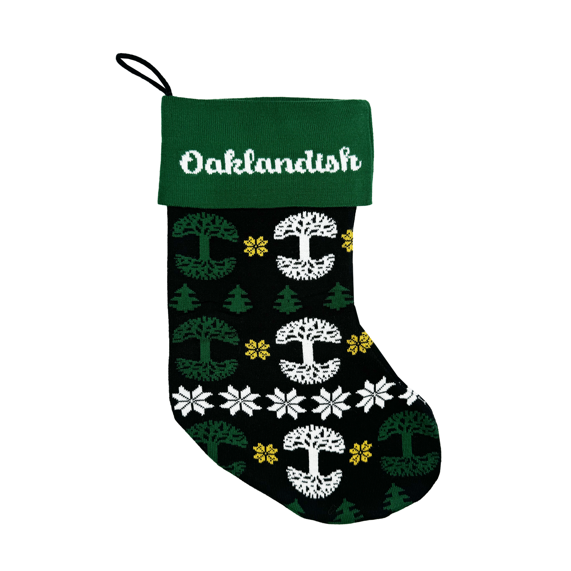 The Oaklandish 2024 Holiday Stocking, made from green and black acrylic, showcases "Oaklandish" in white lettering at the top. Adorned with a pattern of white snowflakes, green trees, the Oaklandish logo in white and green, and yellow star-shaped designs, it serves as an eye-catching addition to your festive decor.