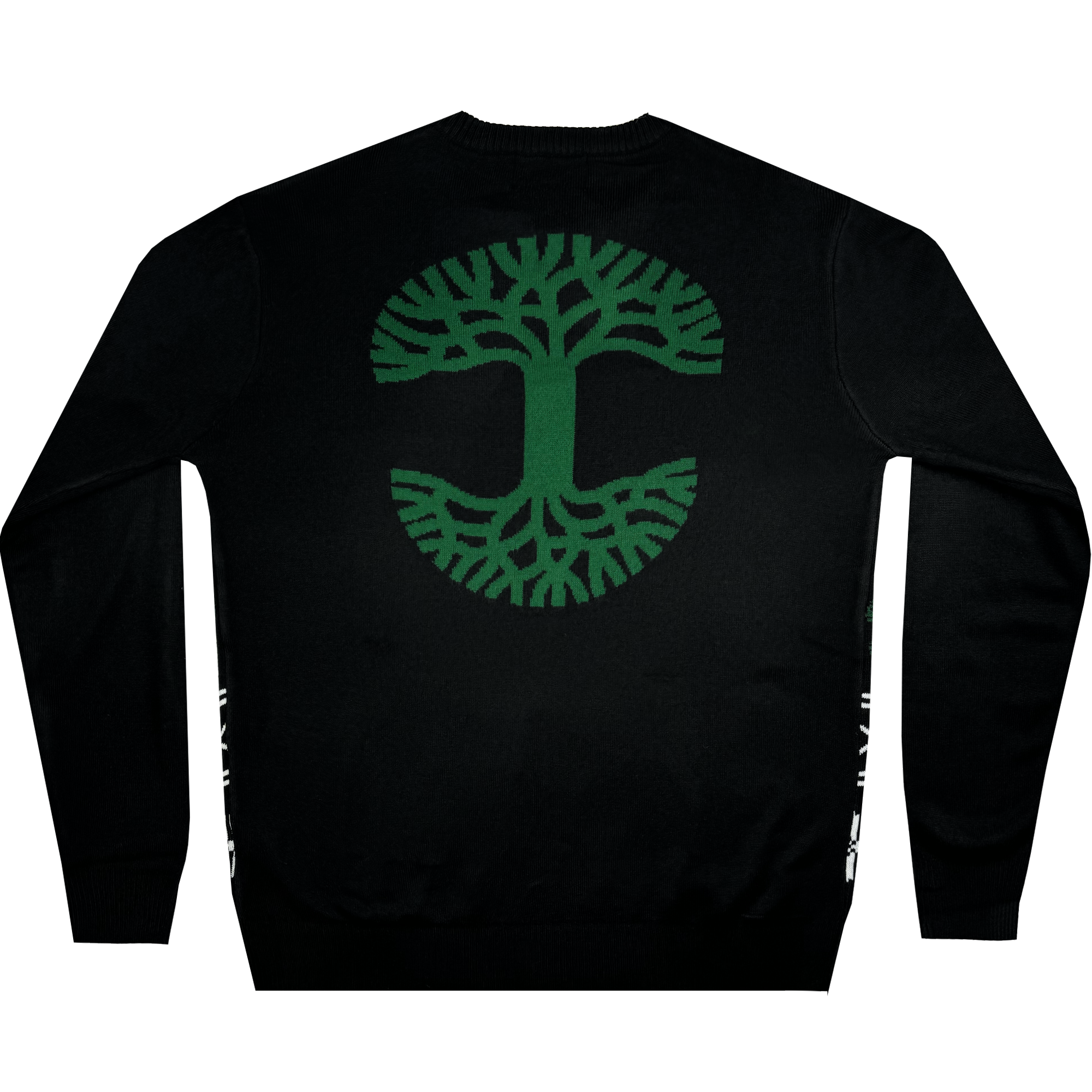 Discover the Oaklandish 2024 Ugly Sweater, a statement piece by Oaklandish featuring an oversized circular tree design on the back. The striking dark green branches and roots elegantly extend from a central trunk in symmetrical fashion, crafting a balanced abstract aesthetic. With a plain background accentuating its detailed pattern, this sweater serves as standout outerwear.