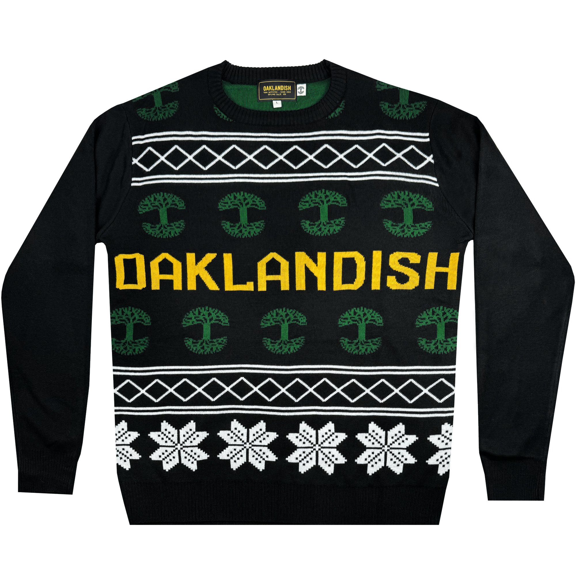 The Oaklandish 2024 Ugly Sweater is a black knit sweater featuring "OAKLANDISH" in bold yellow text on the front, complemented by green tree emblems and white geometric patterns of diamonds and snowflakes. Its ribbed neckline, cuffs, and hem add a distinctive touch to any collection.