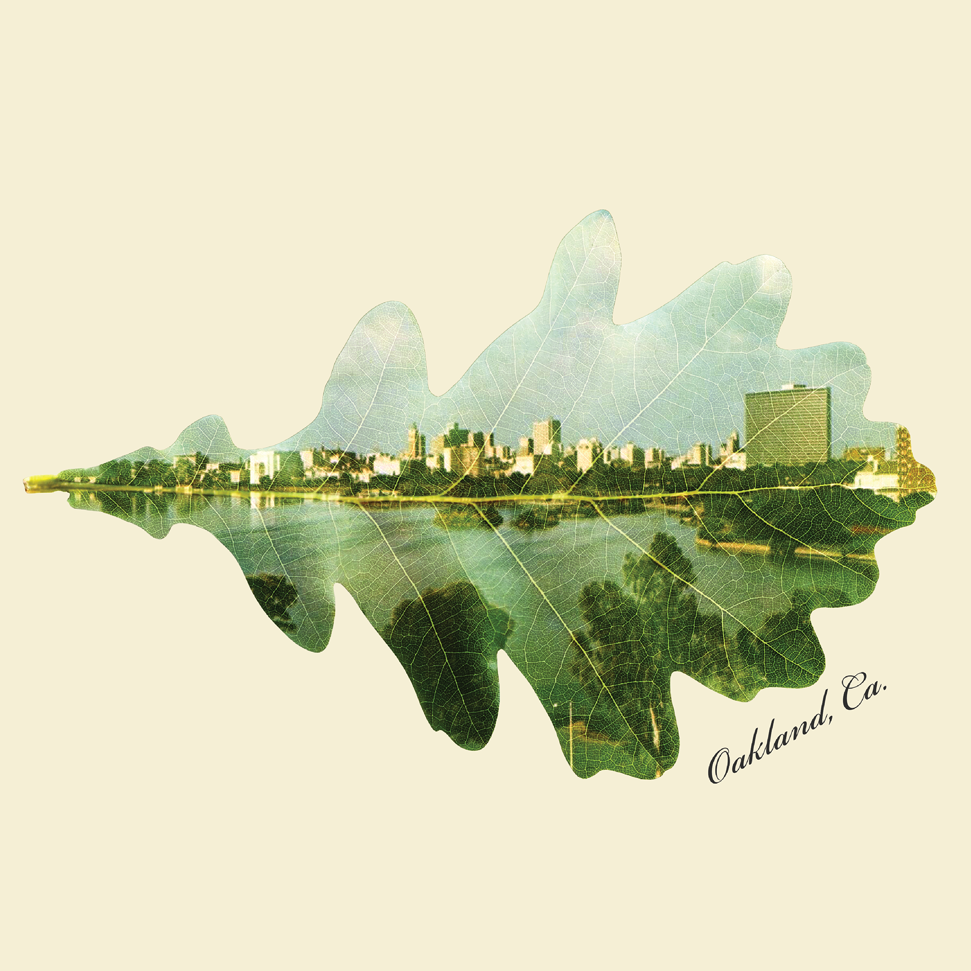 The Oaklandish 2025 Calendar features a city skyline and lake overlaid on a green oak leaf, with "Oakland, Ca." elegantly scripted at the bottom right on a light cream background.