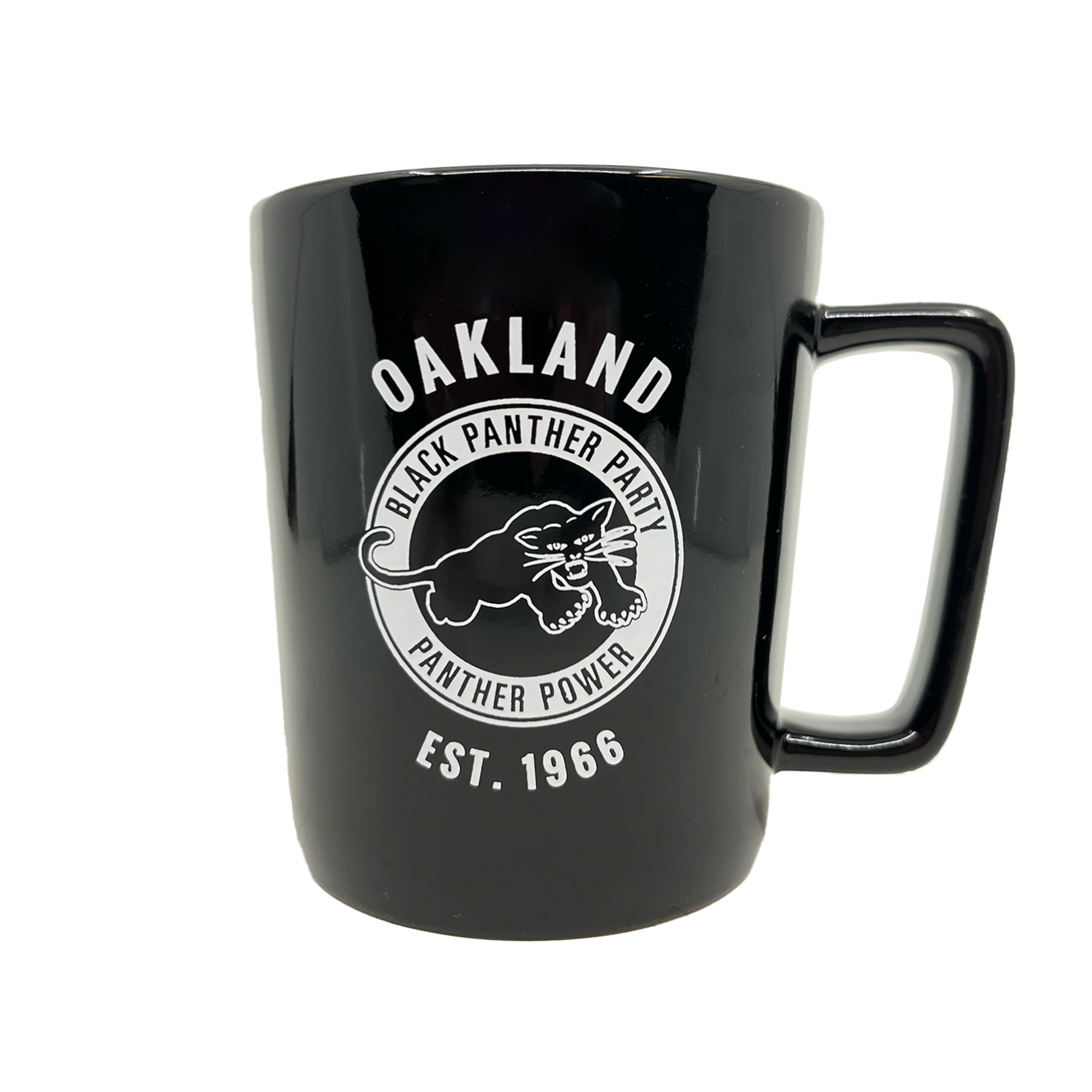 The Black Panther Party Power Mug by Oaklandish is a ceramic black mug showcasing a bold white circular logo with a dynamic panther illustration surrounded by the words "OAKLAND," "BLACK PANTHER PARTY," and "PANTHER POWER." The base prominently features "EST. 1966" in bold capitals.