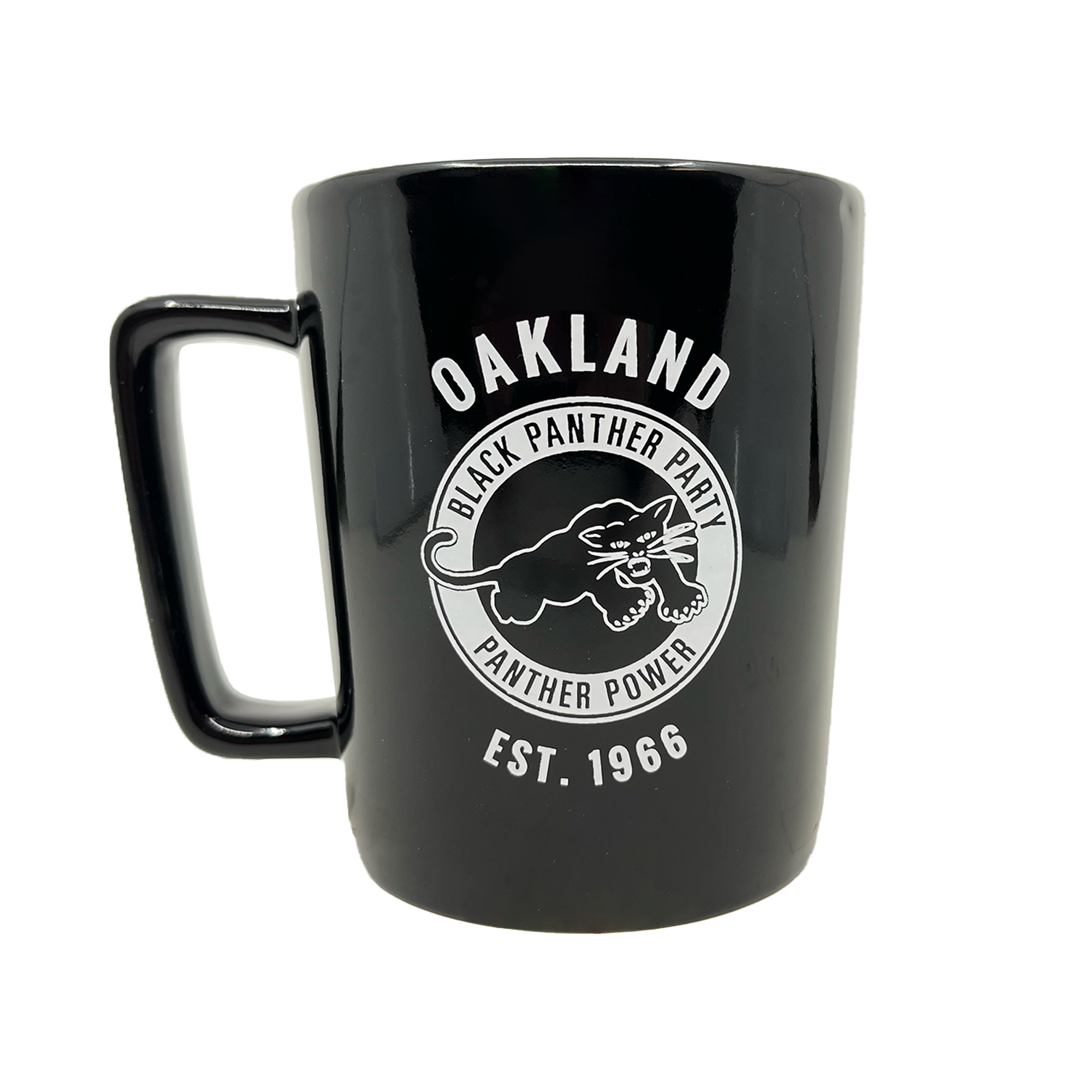 The Oaklandish Black Panther Power Mug features a bold design with "OAKLAND BLACK PANTHER PARTY PANTHER POWER" encircling an illustrated panther and "EST. 1966" below. The black ceramic mug includes a large handle on the left, ideal for displaying this iconic emblem.