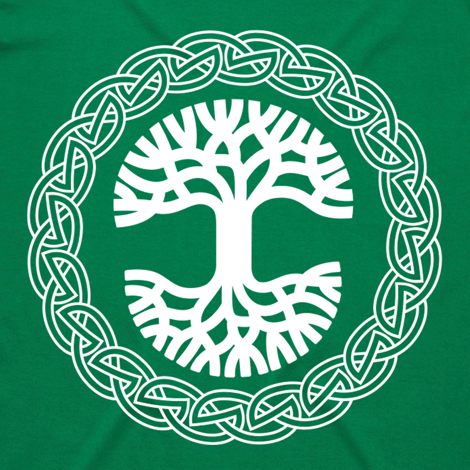 The Eire Tee by Oaklandish is a classic fit t-shirt showcasing a Celtic theme with a white tree of life against a green backdrop, intricate branches, roots, and circular Celtic knotwork framing the central tree.