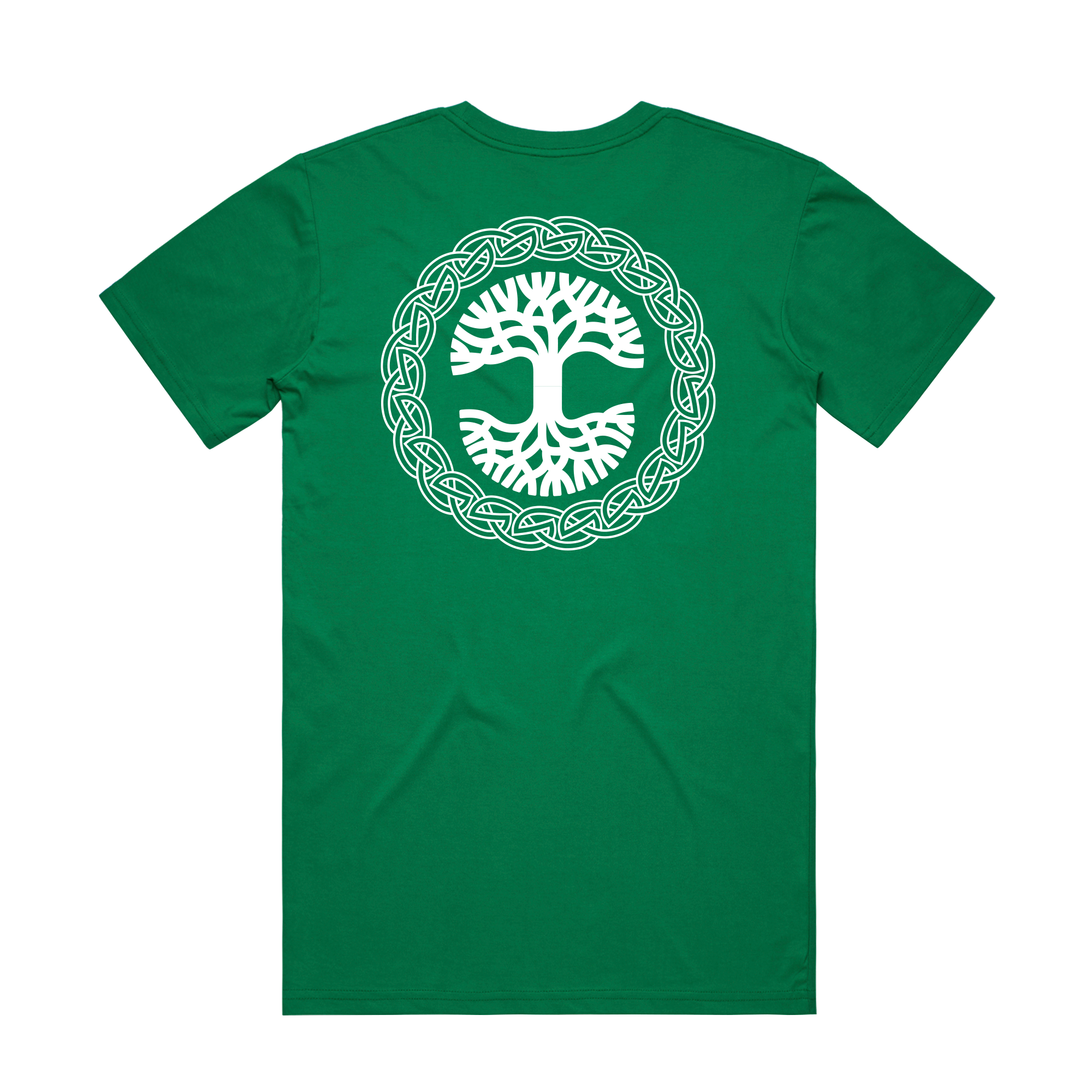 The Eire Tee by Oaklandish is a classic fit green T-shirt with a white Celtic tree of life on the back, encircled by an intricate Celtic knot pattern. This short-sleeve shirt includes a round neck and stands out against its white background, highlighting its rich color and detailed design.