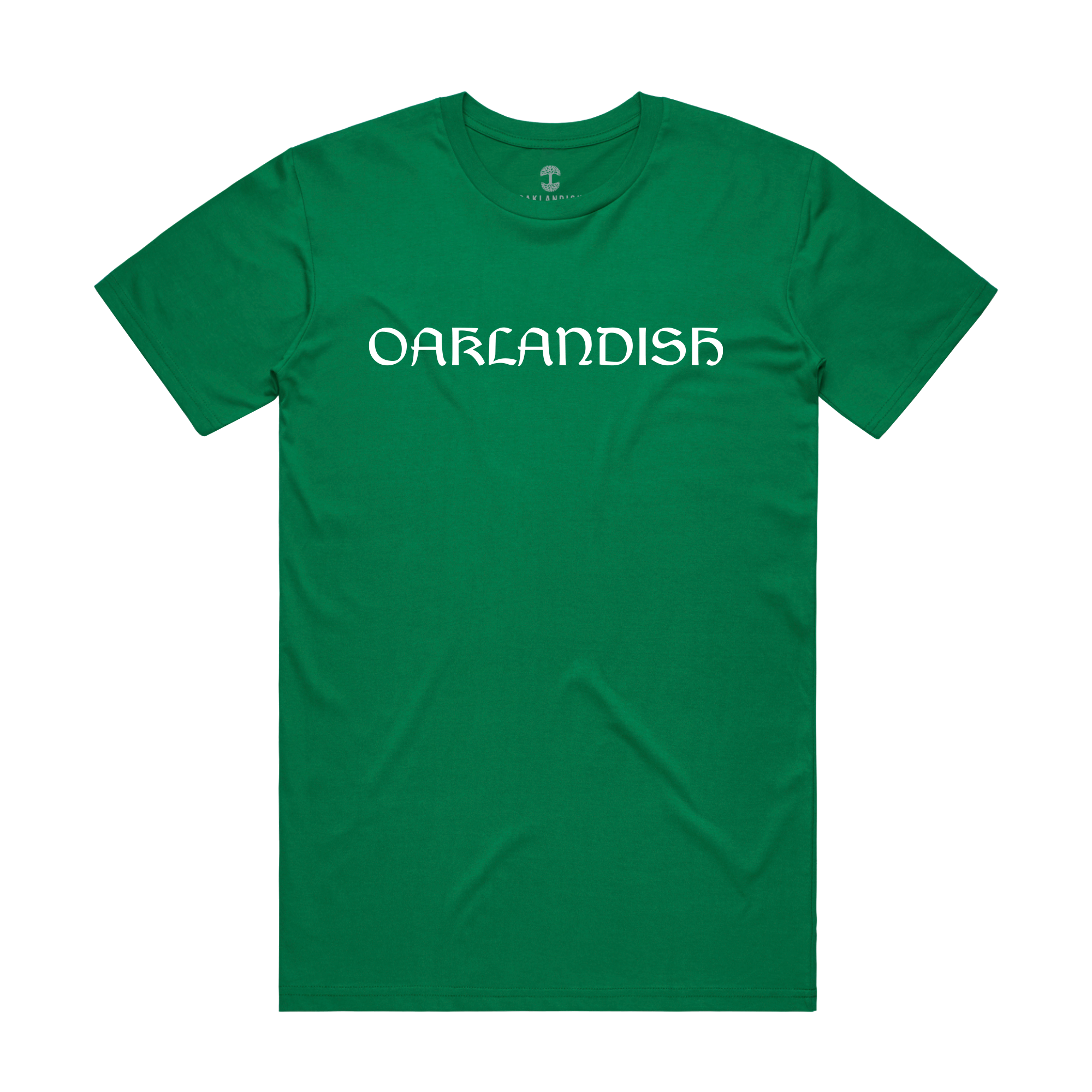 The "Eire Tee" from Oaklandish is a green T-shirt with "OAKLANDISH" printed in white Gothic-style font across the chest. This classic fit tee features short sleeves, a crew neckline, and smooth, lightweight fabric, perfect for casual wear with a subtle Celtic-inspired design.