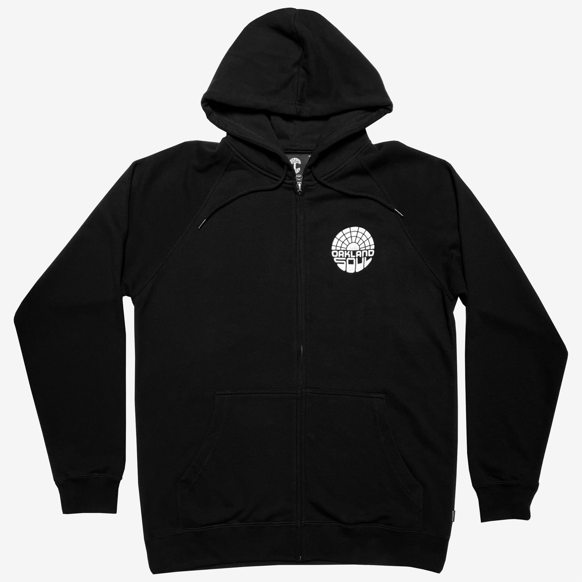 Introducing the Oakland Roots SC "Oakland Soul Logo Zip" hoodie: a stylish unisex zip-up in black, featuring a front pocket and adjustable hood drawstrings. Adorned with the Oakland Soul SC logo on the left chest—with "OAKLAND" arched over the top and "USA" at the bottom—this hoodie embodies social good in every stitch. Complete with ribbed cuffs and waistband for added comfort.