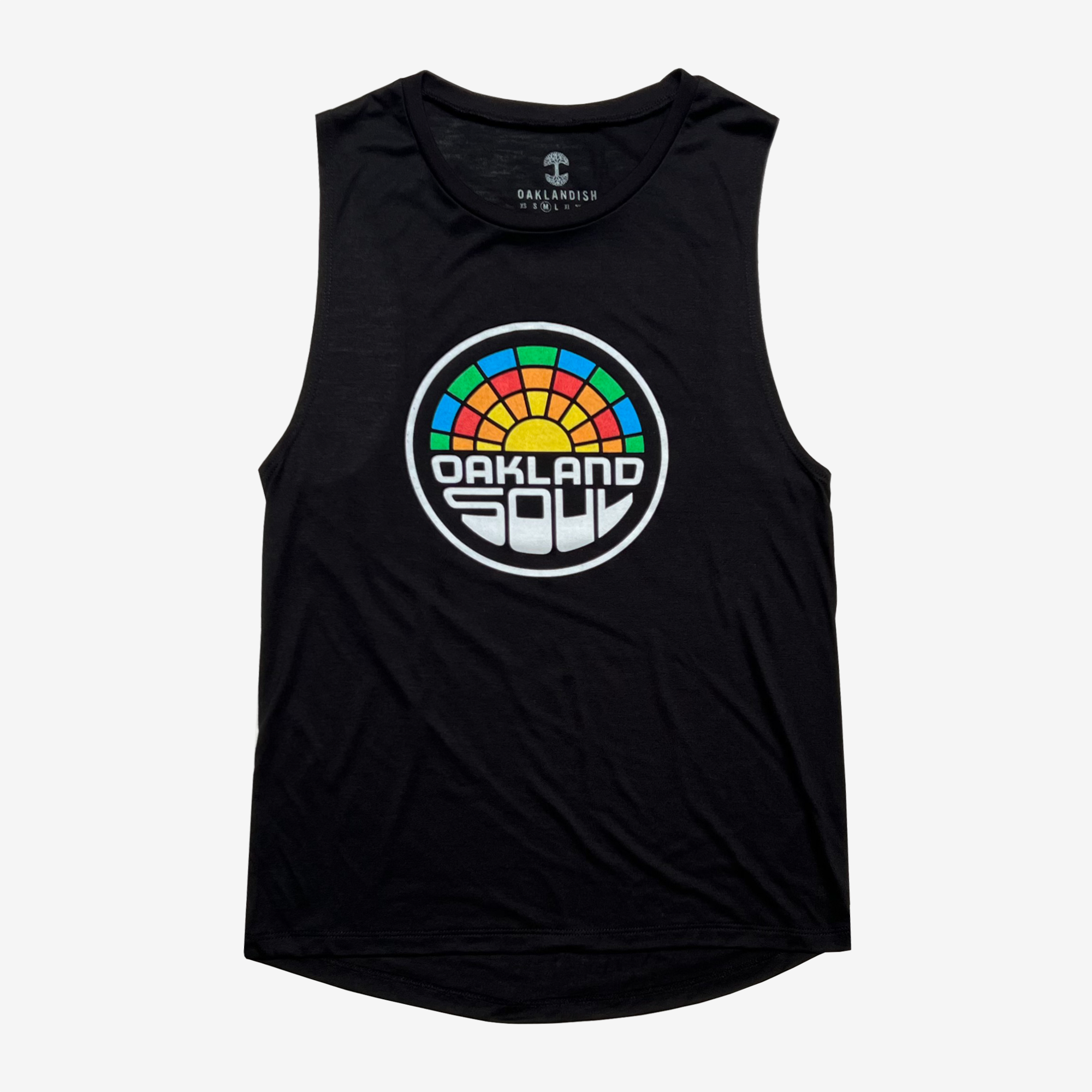 The Women's Oakland Soul Logo Tank by Oakland Soul is a black sleeveless top that showcases a striking round graphic on the front. The design includes a vibrant, semicircular sunrise pattern above the words "OAKLAND SOUL" in block letters and "USL W-League" in a stylized, white curved font underneath. Celebrate women's soccer in style with this eye-catching tank.