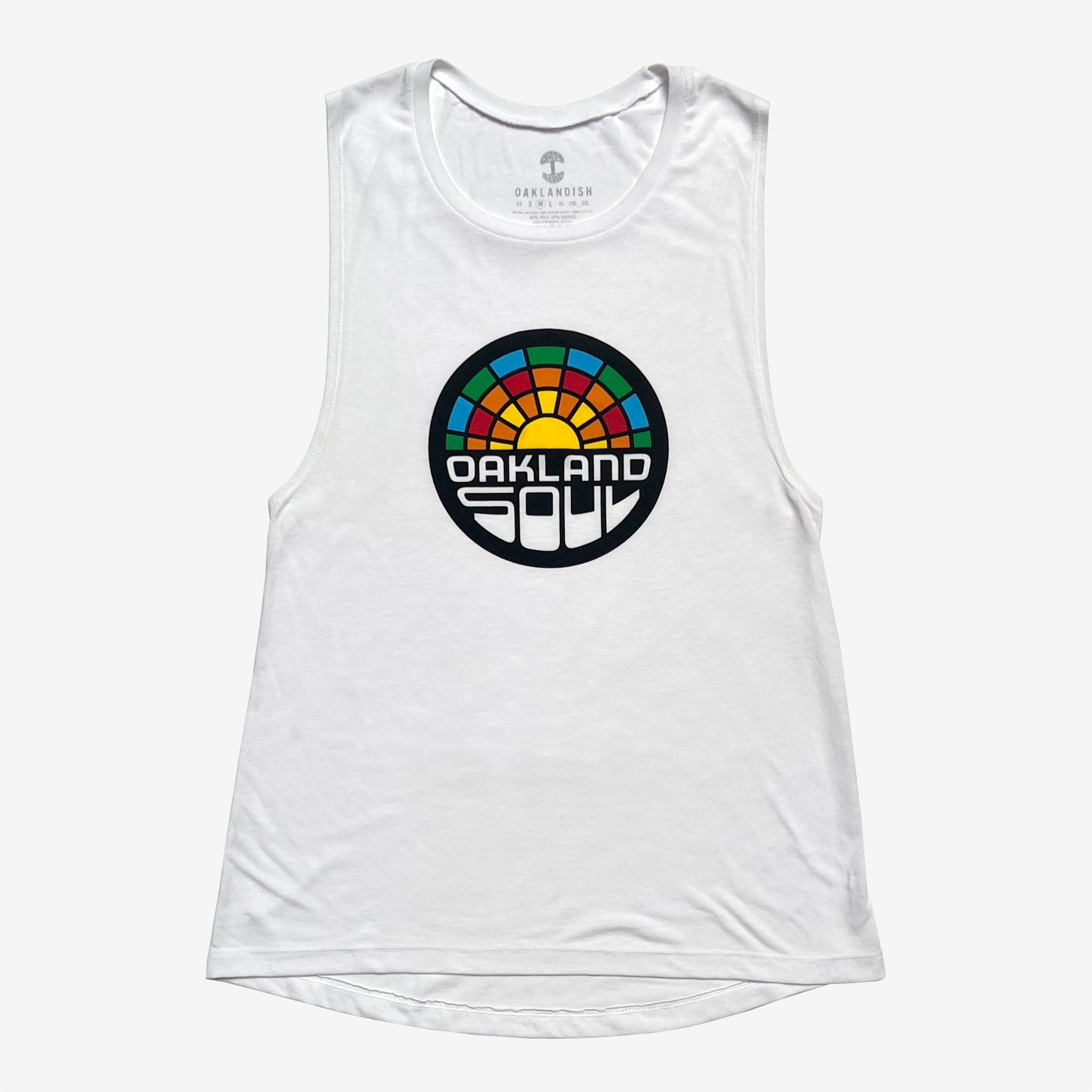 The Women's Oakland Soul Logo Tank by Oakland Roots SC is pictured with a circular multicolored graphic on the front. The graphic features a stylized sun design with the text "OAKLAND SOUL" in bold black letters beneath it. The sport shirt appears to be sleeveless and is laid flat against a white background.