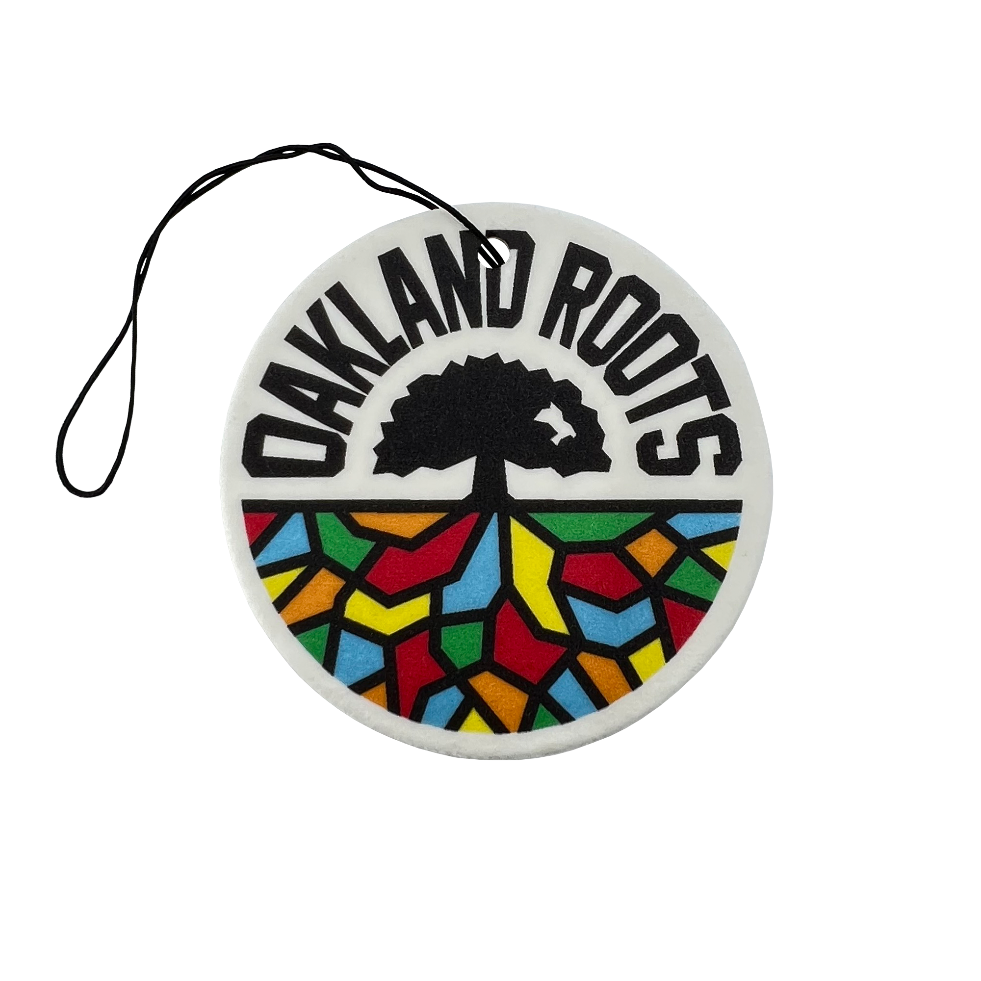 Full color Oakland Roots SC Logo air freshener with string to hang.