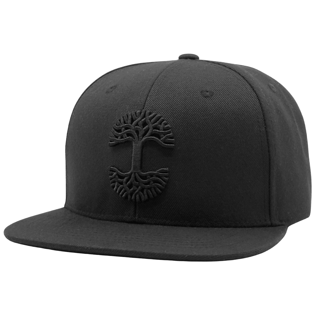 The Oaklandish Classic Snapback by Oaklandish is a black snapback hat featuring a flat brim and an embossed, monochromatic tree design on the front. This emblem, inspired by Oaklandish, showcases branches extending upwards and roots downwards, creating a circular motif. The headwear maintains a simple and sleek look without any additional logos or patterns.