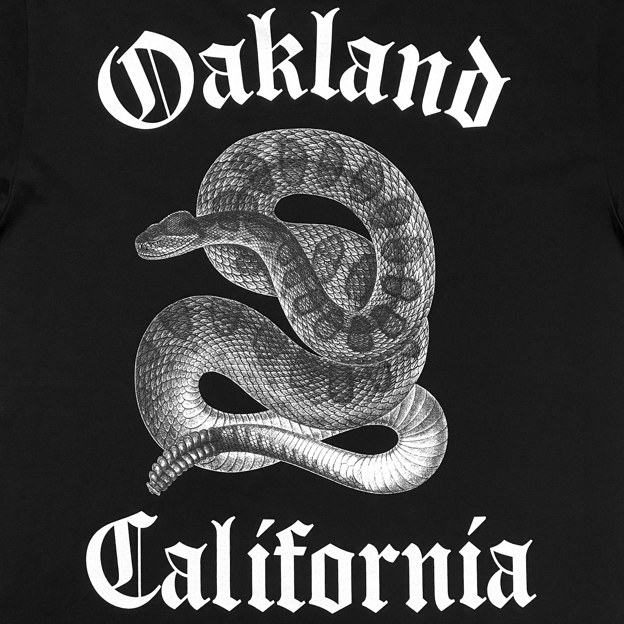 Detailed back view of black pullover hoodie with Oakland California text and snake.