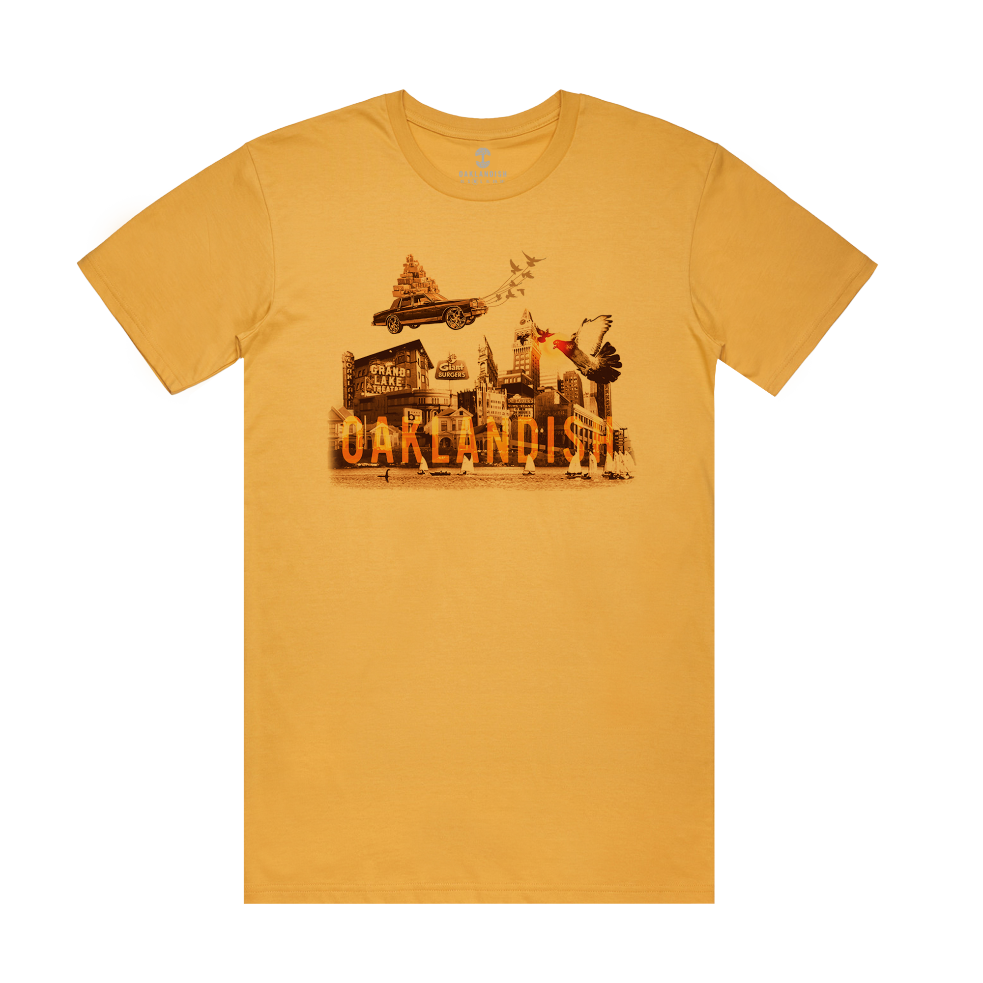 The Winter Flight Tee by Oaklandish is a classic fit mustard yellow T-shirt that boasts an artistic design featuring various buildings, vehicles, and animals above the word "OAKLANDISH" in bold orange letters. Made from 100% cotton, this shirt combines urban and whimsical elements to produce a dynamic and eye-catching graphic.