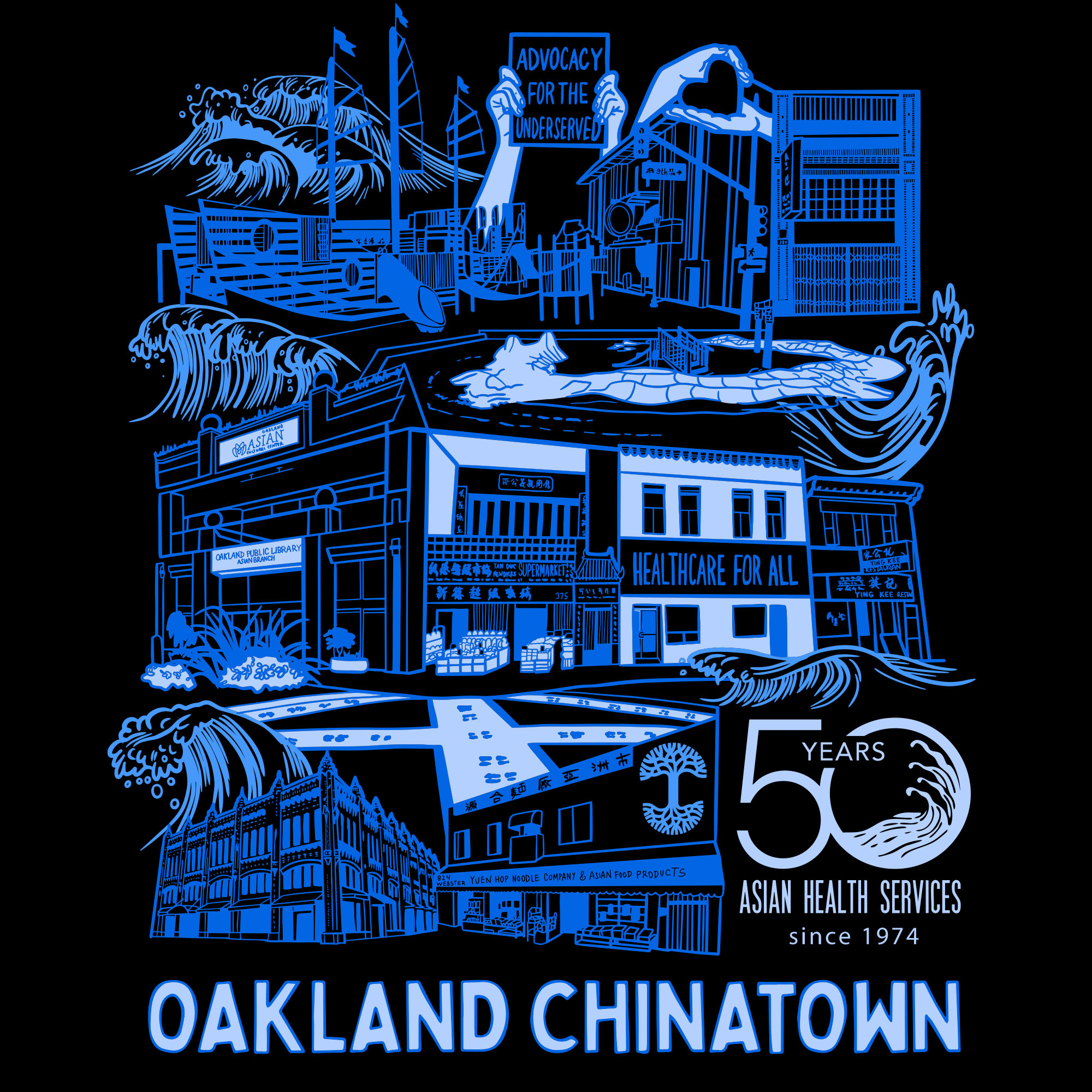 The Rooted in Chinatown: Asian Health Services Tee by Oaklandish features a stylized blue and white illustration of Oakland Chinatown with landmarks, waves, a boat, banners stating "Advocacy for the Underserved" and "Healthcare for All," street buildings near "50 Years Asian Health Services since 1974," and text saying "Oakland Chinatown.