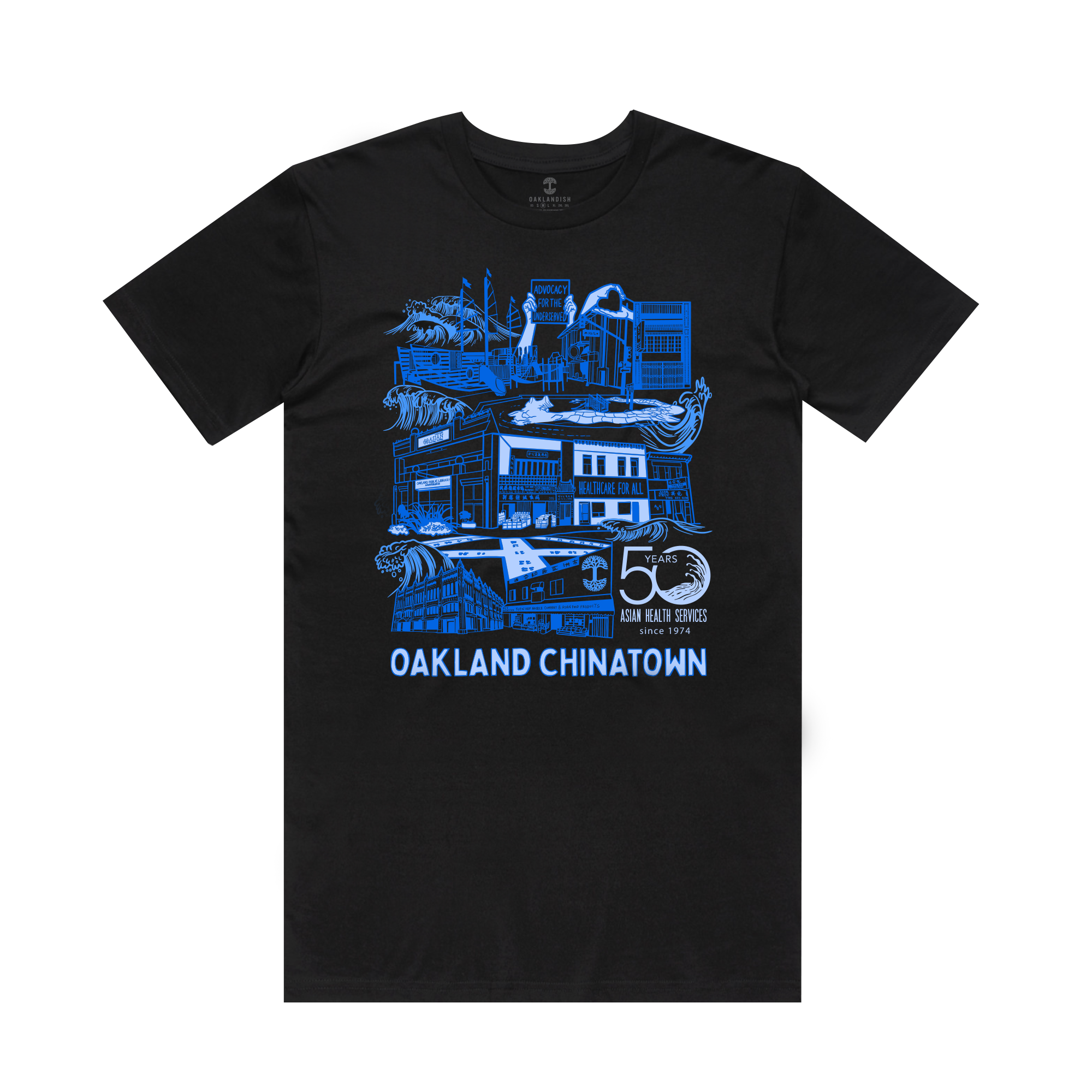 The Oaklandish "Rooted in Chinatown: Asian Health Services Tee" is a black T-shirt with blue line-art of pagoda buildings, dragons, and cityscapes from Oakland Chinatown. Celebrating "50 Years Asian Health Services," it intertwines "Oakland Chinatown" and artistically encircles the number 50.