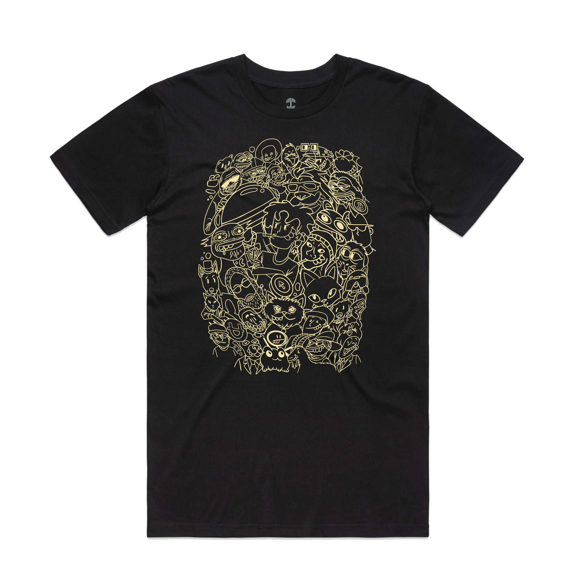 The Base Fame Night Tee by Oaklandish showcases a complex yellowish-gold line art pattern with abstract cartoon-like faces and shapes, capturing Mike Red's playful spirit. The design densely fills the center, creating a whimsical contrast against the black background.