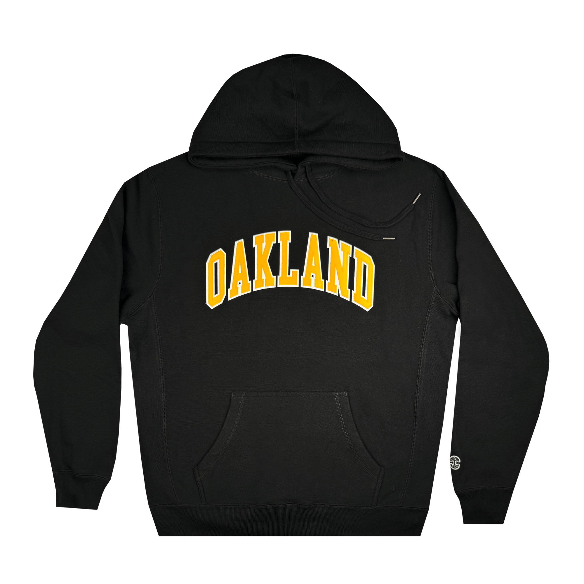 The Alma Mater Heavy Hoodie from Oaklandish is a stylish black hoodie, ideal for cozy days. It prominently features "OAKLAND" in bold, arched yellow letters across the front and includes a handy front pocket along with a drawstring hood, all displayed on a crisp white background.