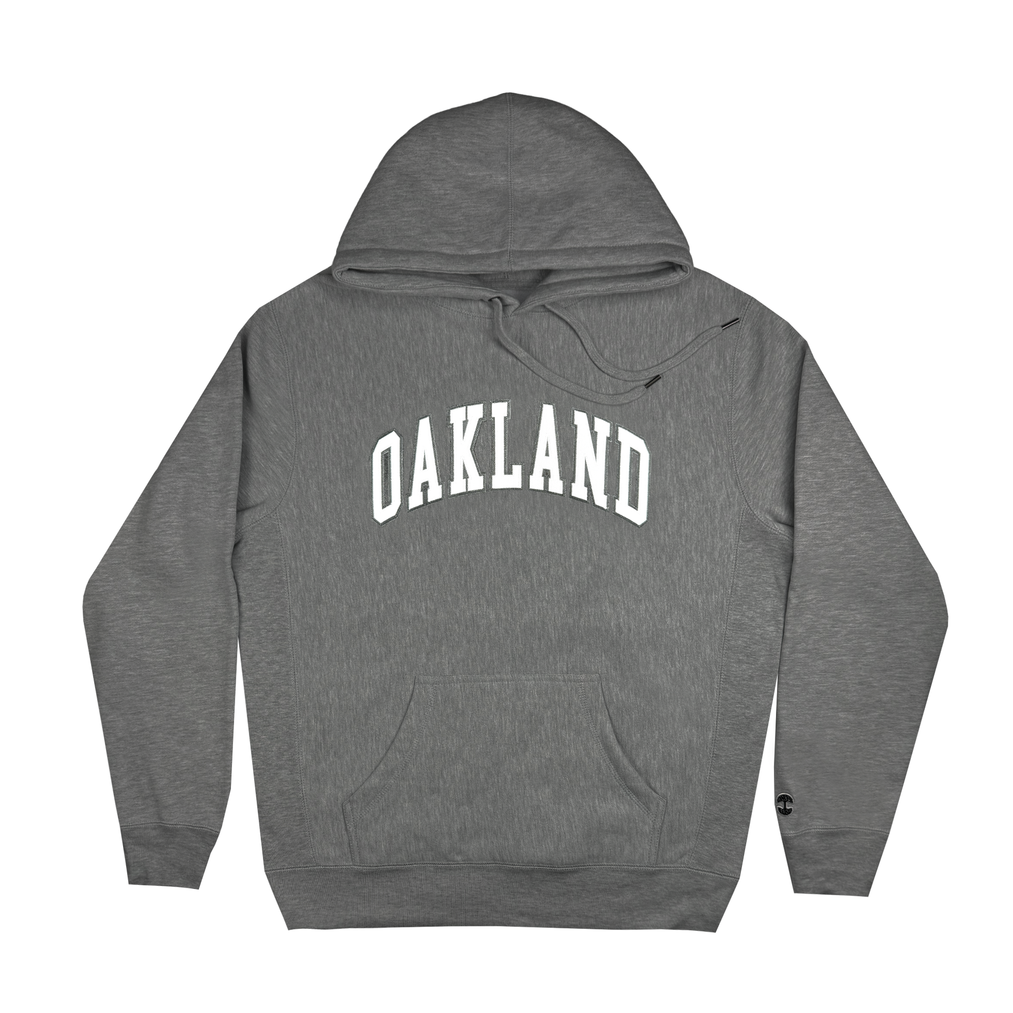 The Alma Mater Heavy Hoodie by Oaklandish is a gray outerwear piece with "OAKLAND" prominently displayed in large white letters across the chest. It includes a front pocket and an adjustable drawstring hood. The fabric has a soft, slightly textured feel that emphasizes its simple and casual style.