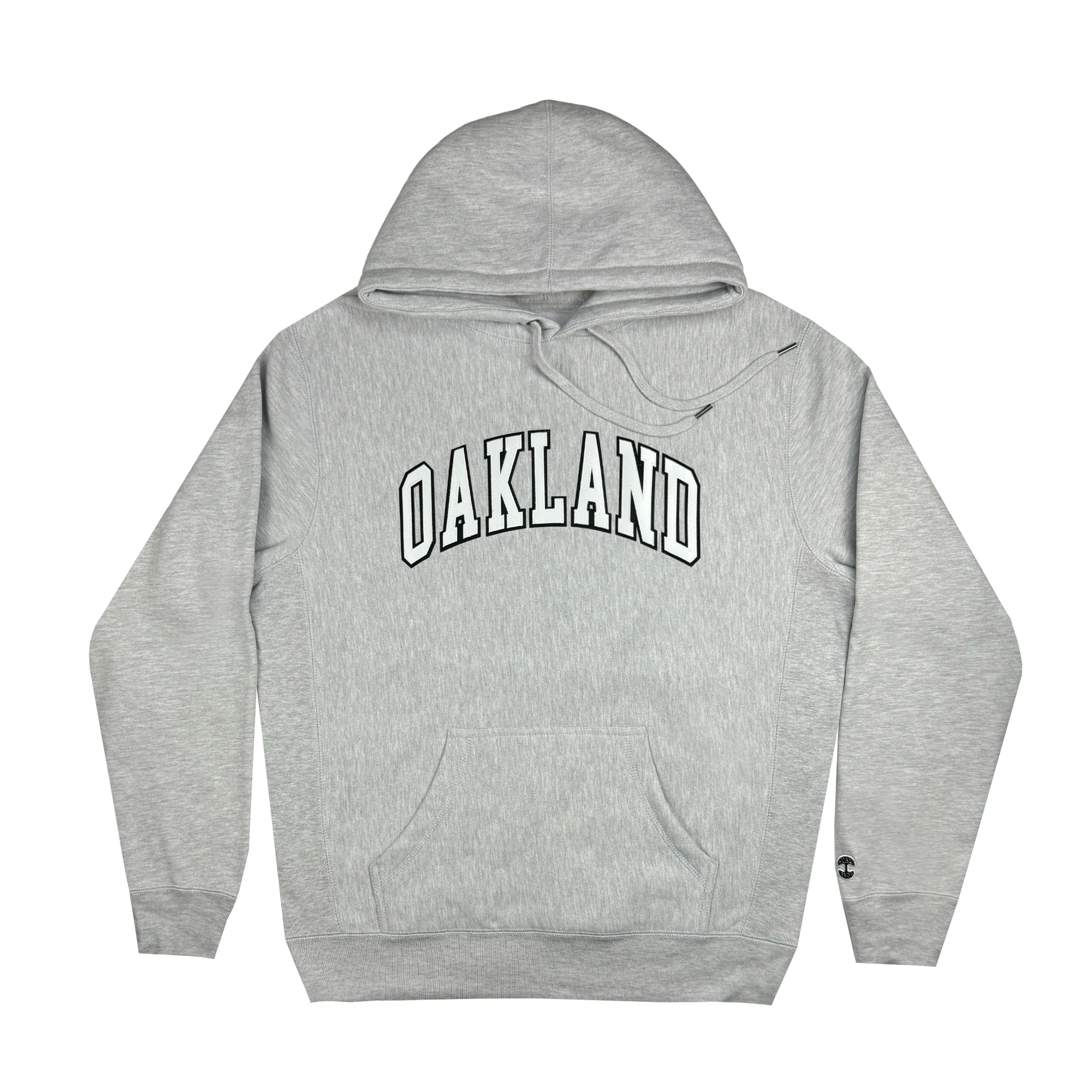 The Alma Mater Heavy Hoodie by Oaklandish is a gray pullover featuring bold, white "OAKLAND" lettering in an arched design across the chest. It comes with a front pocket and an adjustable hood with drawstrings, crafted from heavyweight fleece to ensure a soft and comfortable experience. The hoodie is displayed against a plain white background.