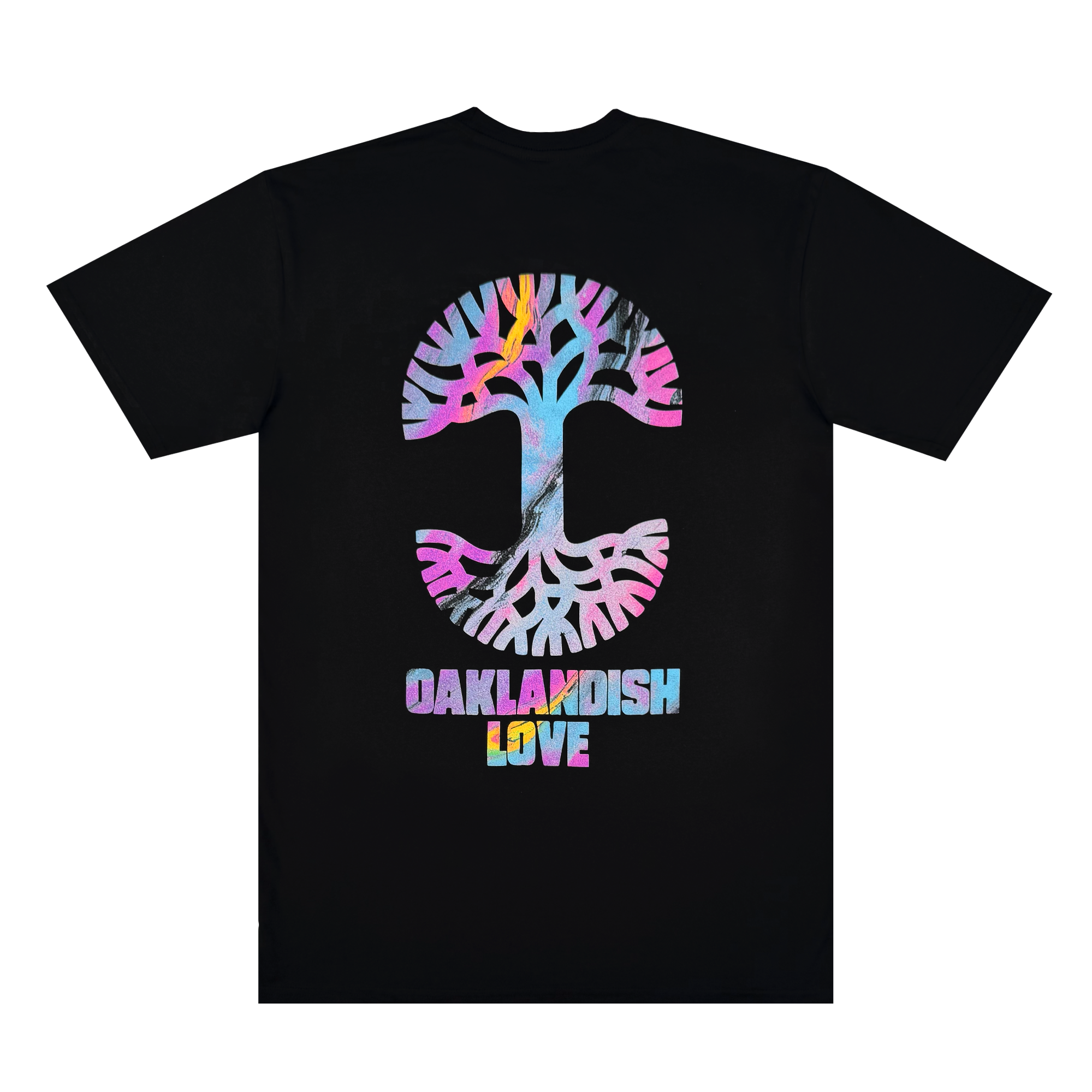 The Almanac X Oaklandish Love Tee from Oaklandish is a black t-shirt showcasing a large, intricate tree symbol on the back, with branches reflecting the vibrant feel of a West Oakland Clubhouse. "OAKLANDISH LOVE" is printed below in gradient shades of purple, pink, and blue.