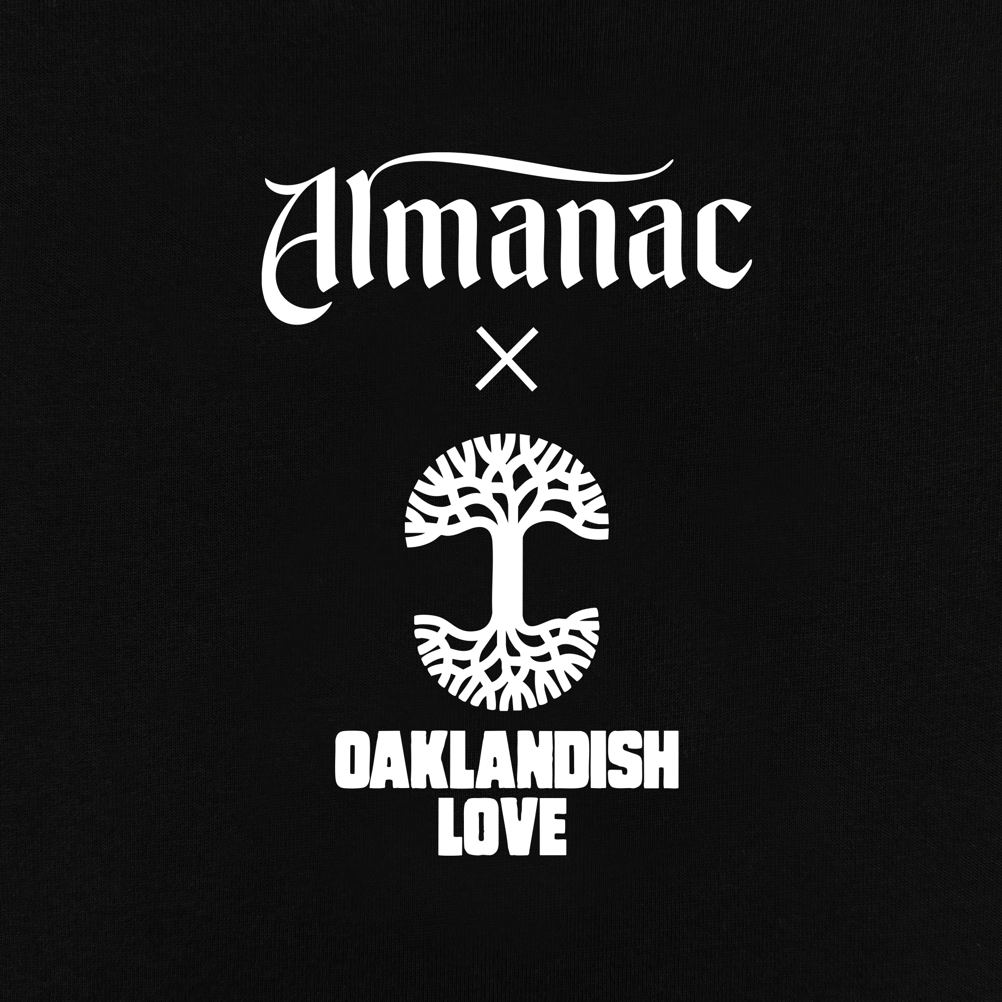 A black background adorned with stylized white text and graphics showcases "Almanac" in ornate script at the top. Below, an "X" and a symmetrical tree graphic create a circular design. At the bottom, "OAKLANDISH LOVE" stands out—ideal for a West Oakland Clubhouse vibe or craft beer label style. Product: Almanac X Oaklandish Love Tee by Oaklandish.