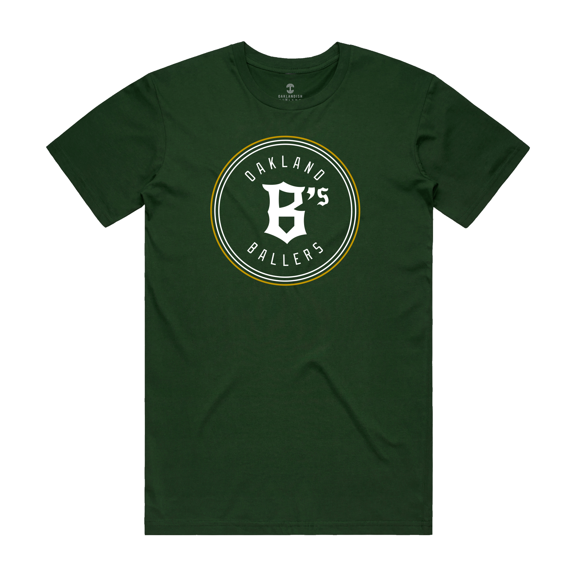 Green Oakland Ballers Classic Tee with "Oakland B's Ballers" logo in white and yellow text within a circle, capturing the spirit of the Pioneer League baseball team. The central design adds sporty, casual flair.