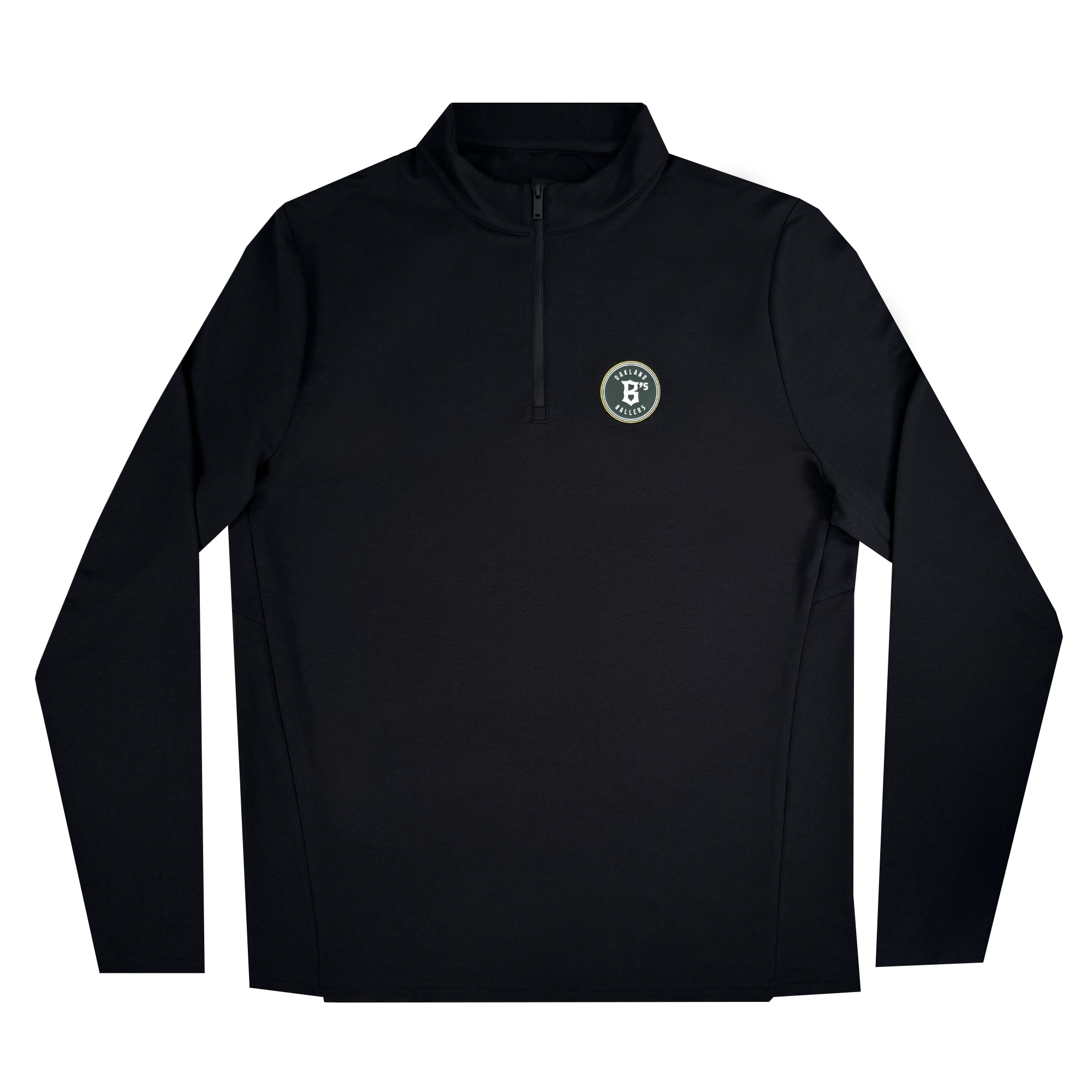 The Oakland Ballers Classic 1/4 Zip is a black long-sleeve pullover with a small circular emblem on the left chest, featuring "B" and an indistinct word in white, subtly nodding to the team. Its minimalist design stands out against a plain white background.