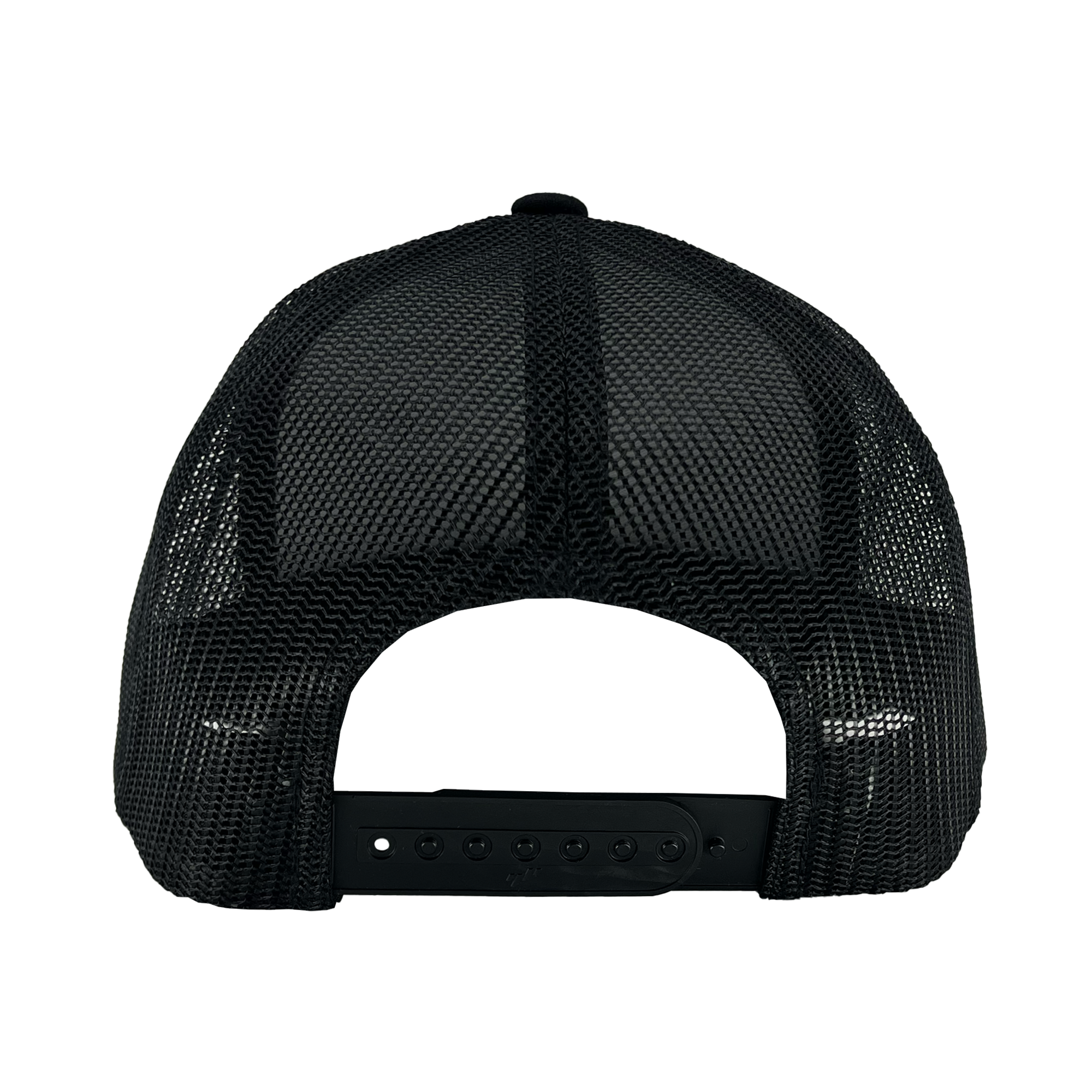 The image showcases the back view of an Oakland Ballers Alt. Logo Curved Visor Trucker cap. This black mesh baseball cap, designed by Oakland Ballers, includes a plastic adjustable snap closure with multiple holes for size adjustment. Ideal for fans of the Pioneer League or supporters of their favorite professional baseball team, this breathable mesh cap ensures style and comfort.