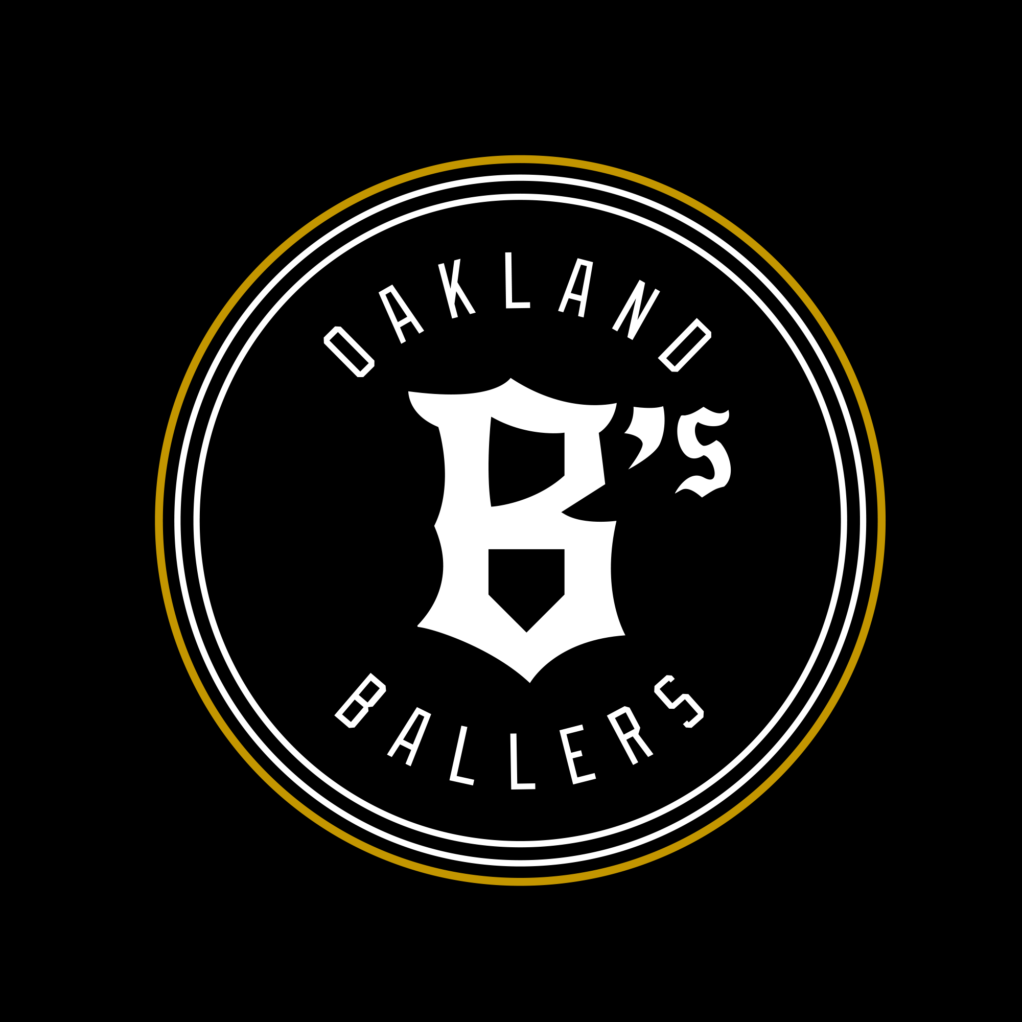 The Women's Oakland Ballers Logo Relaxed V Neck Tee features a black circular logo with a white outline and a yellow border. Inside, "OAKLAND BALLERS" is written in white, capital letters around the perimeter. The center showcases a large, stylized white "B's". The design has a retro sports team aesthetic, embodying the spirit of the Pioneer League. This tee is part of the Oakland Ballers brand collection.