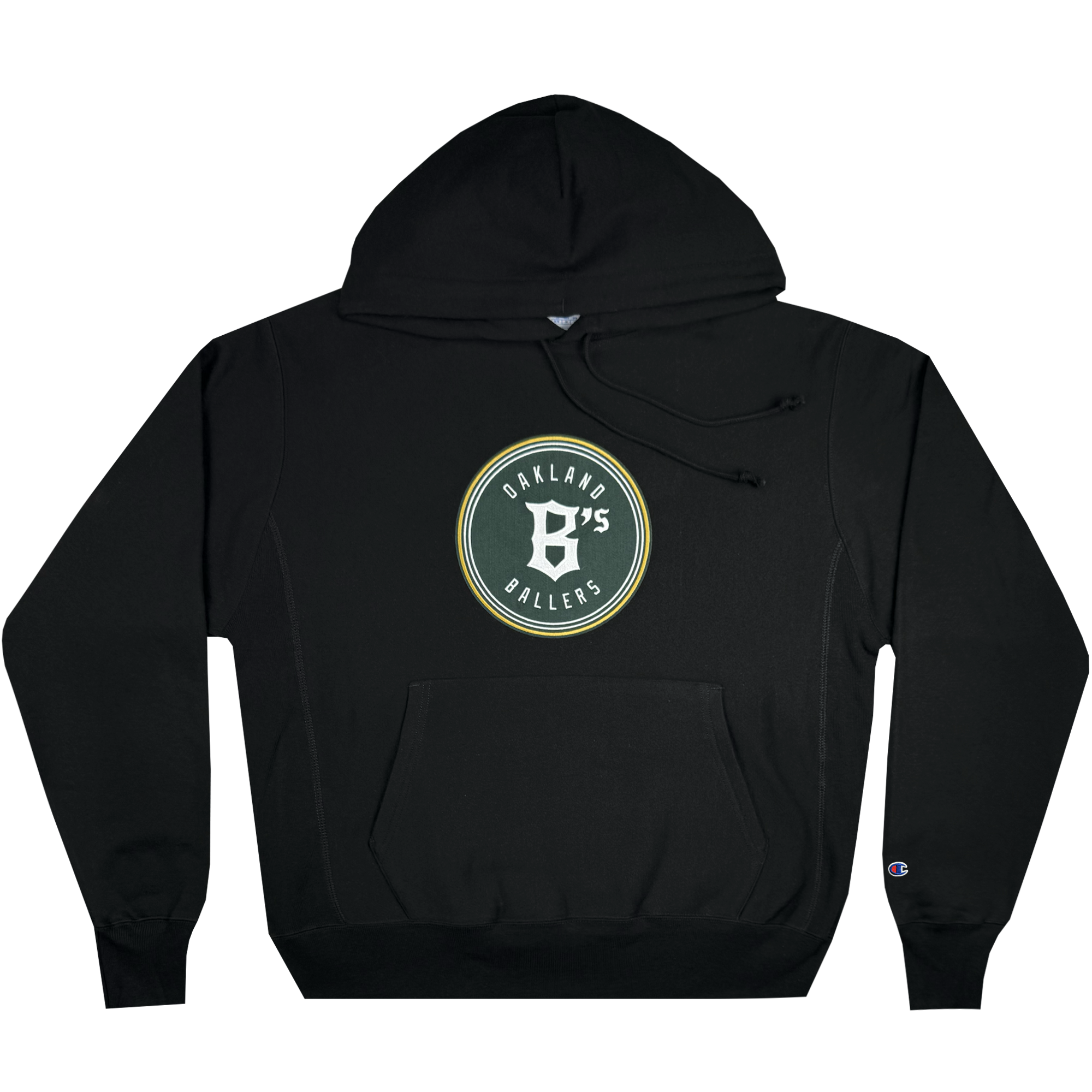 Champion X Oakland Ballers Logo Hoodie featuring a central logo with a stylized "B" inside a circle, encircled by the words "Oakland Ballers," celebrating the team's Pioneer League journey. The hoodie includes a front pocket, drawstring hood, and a small Champion logo on the left sleeve cuff.