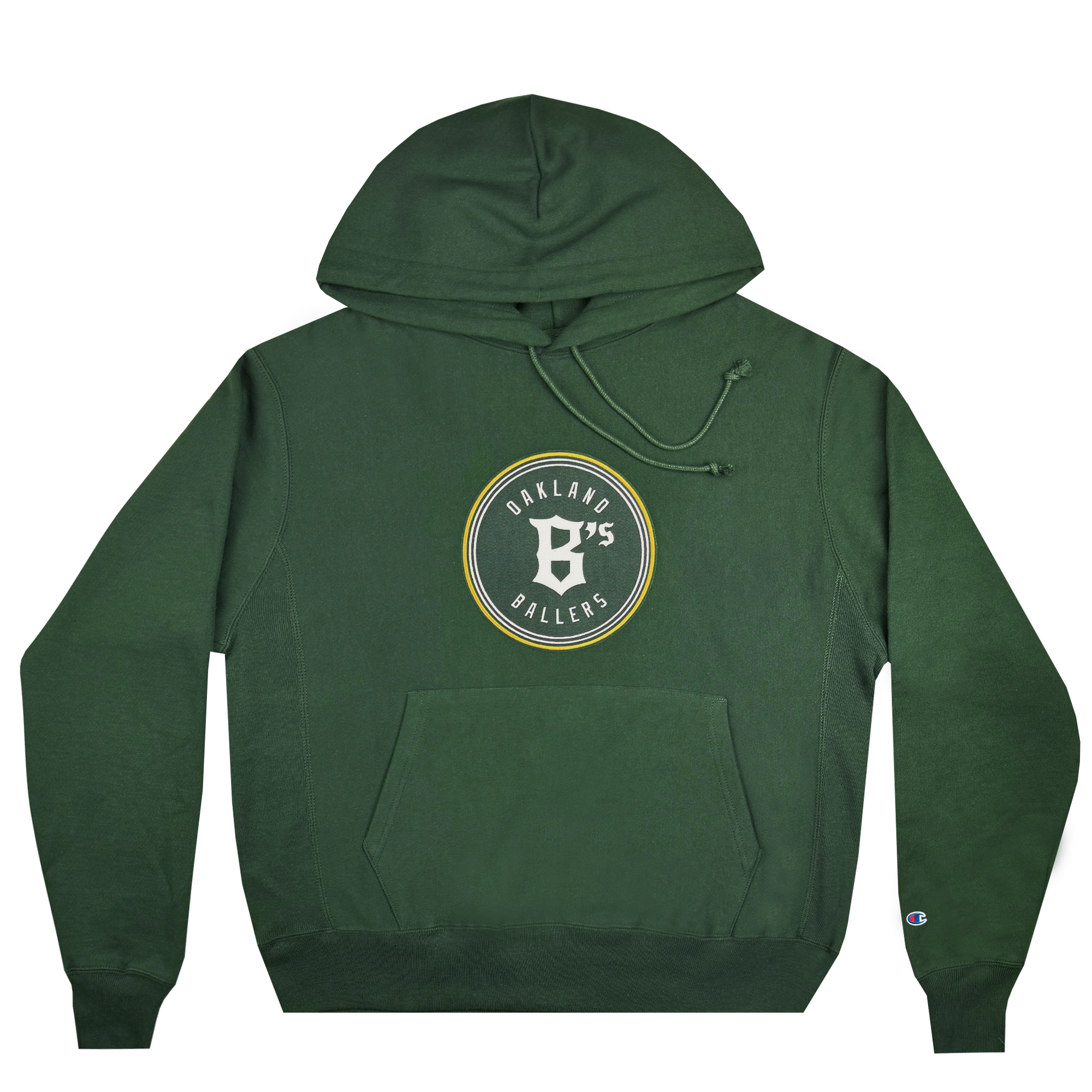 Introducing the Champion X Oakland Ballers Logo Hoodie by Oakland Ballers. This hoodie comes in green and features the iconic Champion logo on the left sleeve. The front displays a circular design with "Oakland Ballers" around a stylized letter "B," paying tribute to the Oakland baseball team. It includes a convenient front pocket and adjustable drawstrings on the hood for added comfort.