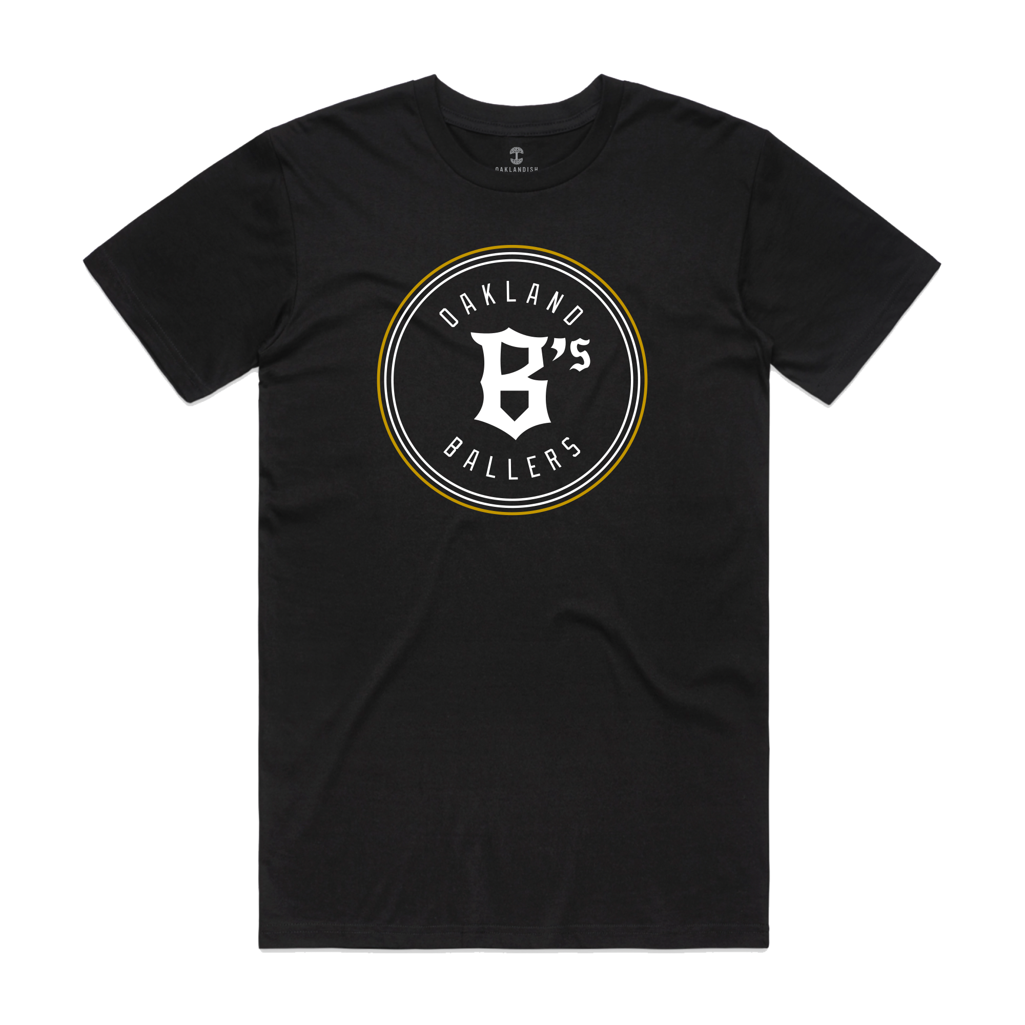 The Oakland Ballers Classic Tee by the Oakland Ballers is a black shirt showcasing a central circular logo with "OAKLAND BALLERS" around a stylized "B's," inspired by the Pioneer League baseball team. The circle is outlined in white and gold, and it features a crew neckline.