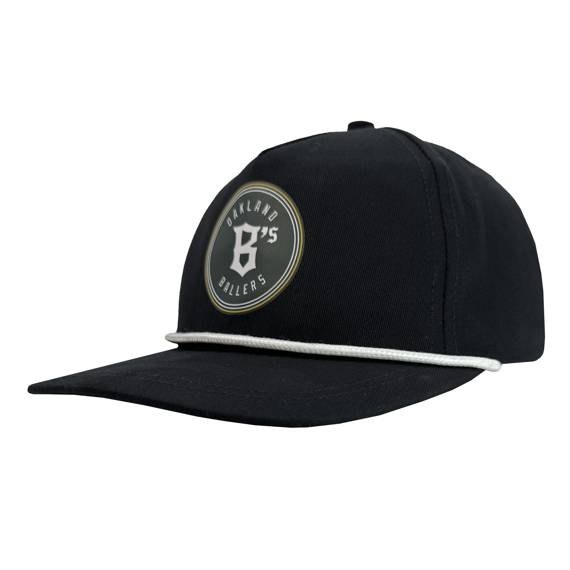 The Oakland Ballers Classic Golf Cap from the Pioneer League collection showcases a black design with a white circular "B's" and "Oakland Grillers" logo, honoring Oakland's New Pro Baseball Team. It features a flat brim and white rope detail for a sleek, modern sports style.