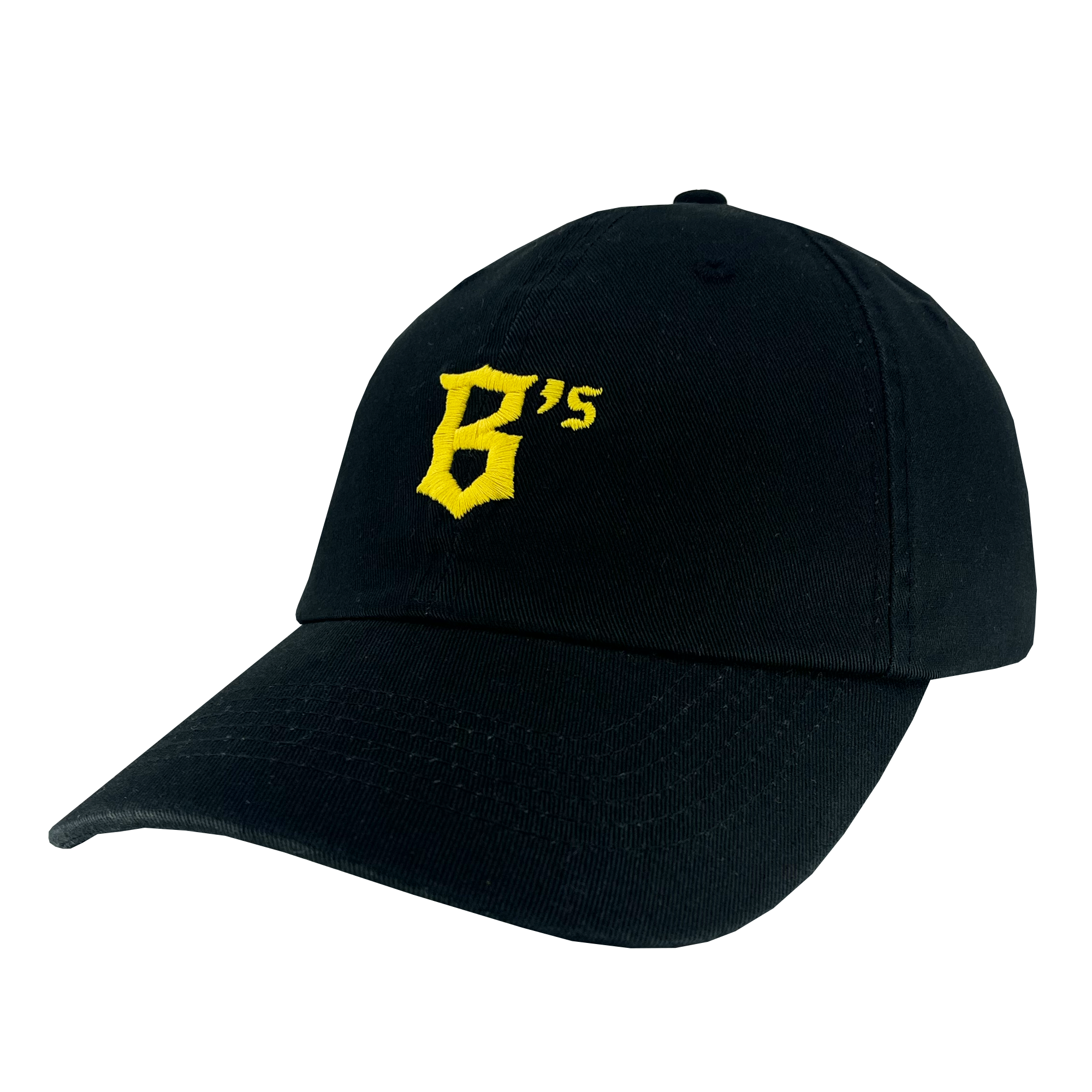 The Oakland Ballers Dad Hat, a black baseball cap with a slightly curved brim, features an embroidered yellow letter "B" and the number "15" in a stylized font on the front. Representing the Oakland Ballers, a professional baseball team from the Pioneer League, the hat is shown from a slight angle, highlighting its design and structure.