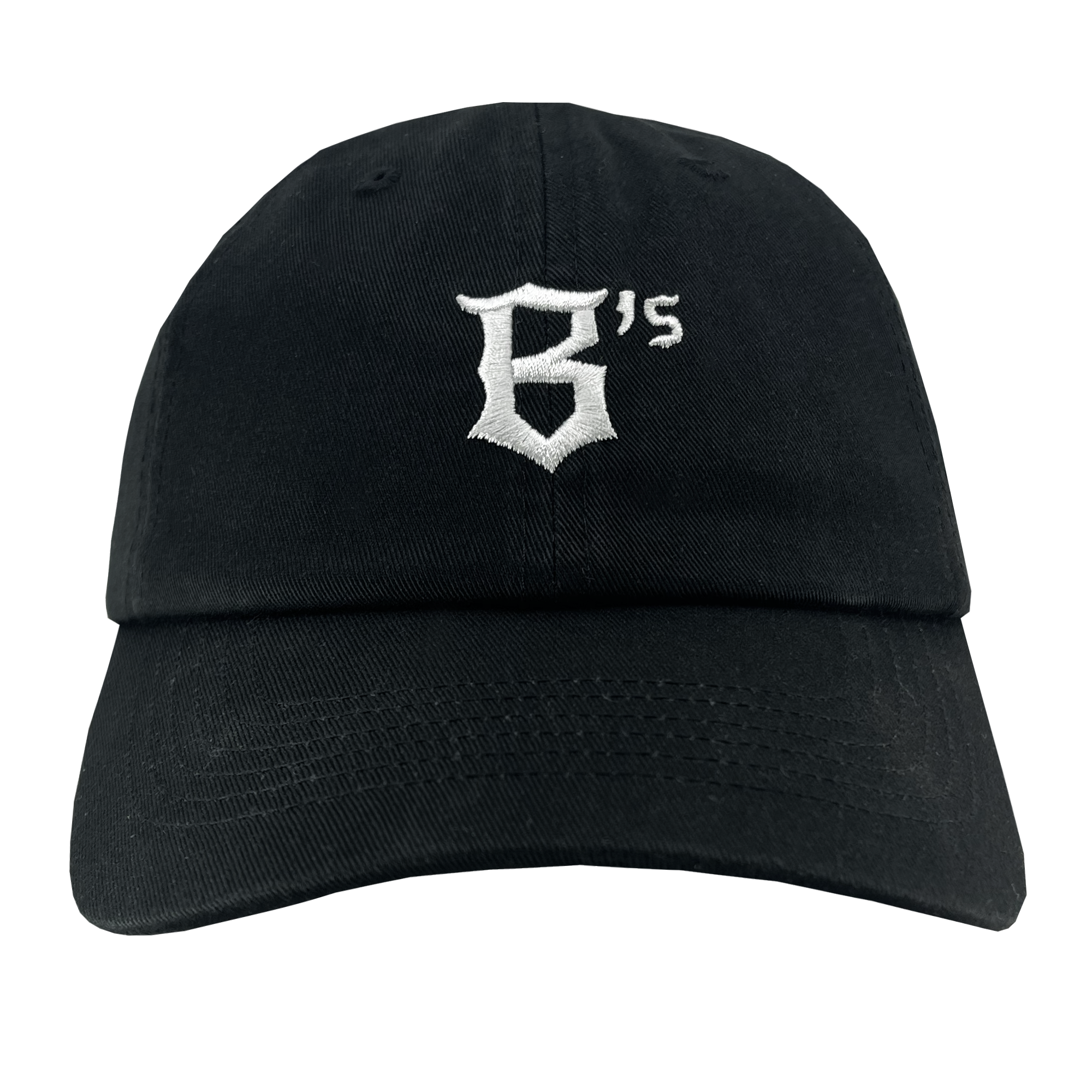 The Oakland Ballers Dad Hat, offered by the Oakland Ballers team, is a black baseball cap that prominently displays the white embroidered text "B's" on the front. Representing the new professional baseball team, this cap features a curved brim and an adjustable back strap for a casual style. The bold, slightly ornate font adds a distinctive touch to the design.