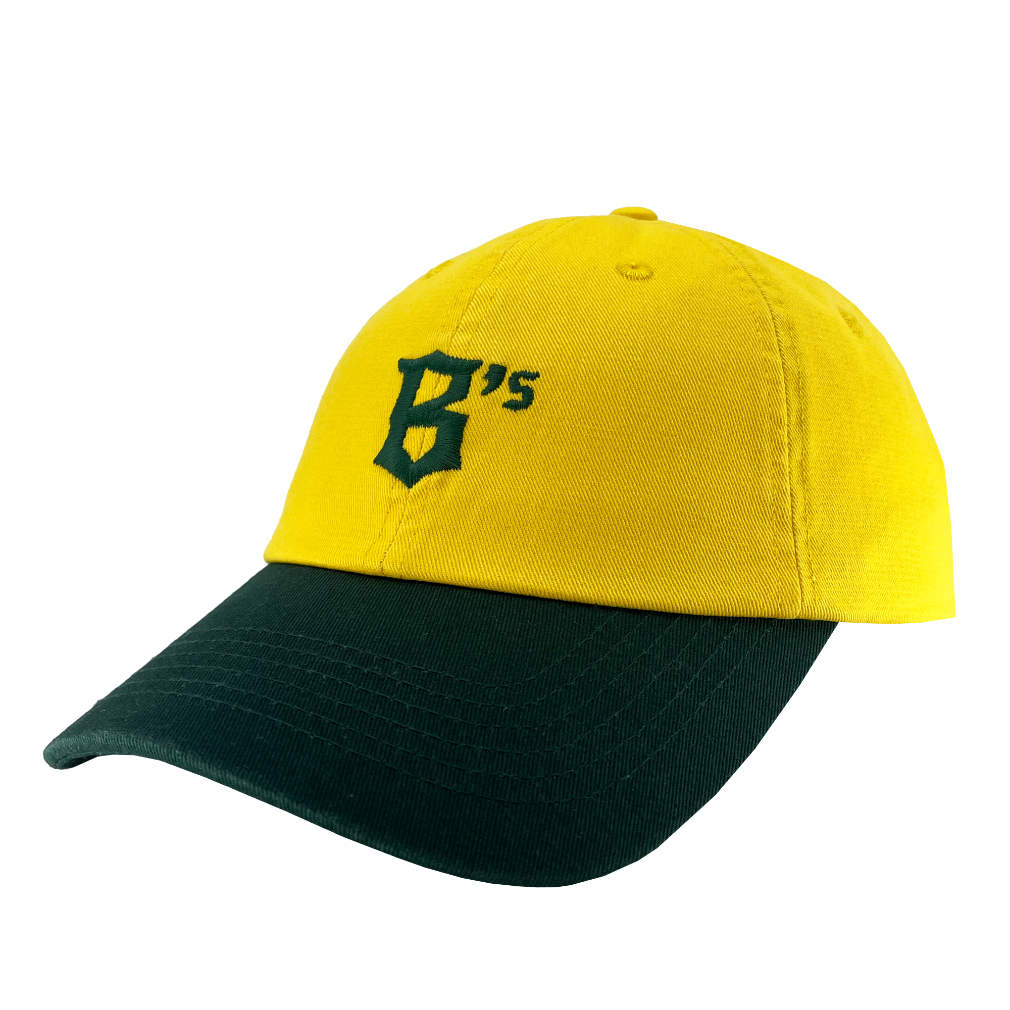 An "Oakland Ballers Dad Hat" with a yellow crown and dark green bill features a green embroidered logo on the front, displaying the letter "B" followed by the number '15, representing the Oakland Ballers baseball team in the Pioneer League. The cap is set against a plain white background.