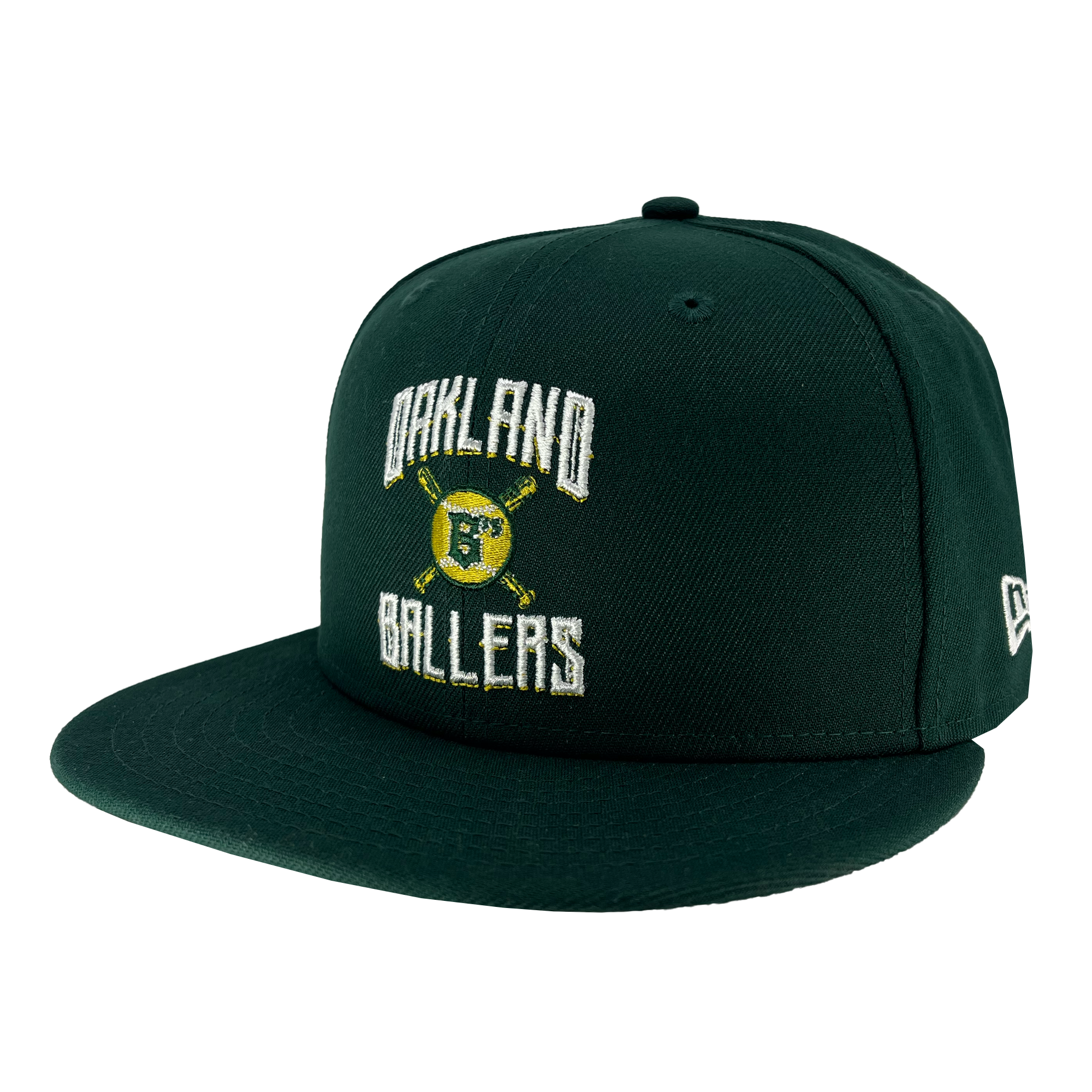 A New Era Oakland Ballers Alt. Logo 59FIFTY Cap, green in color with a flat brim, features "Oakland Ballers" embroidered in white and yellow thread on the front. Below the text are crossed baseball bats and a baseball, also embroidered. The side of this official New Era cap displays their logo, making it ideal for any Pioneer League enthusiast.