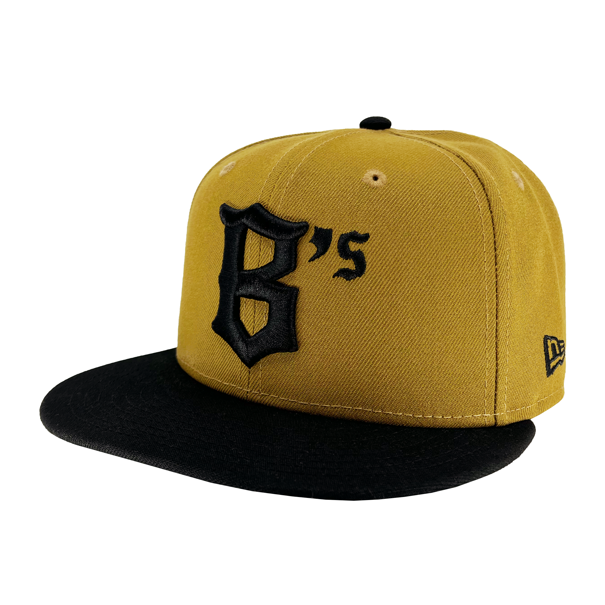 Side view of Gold New Era cap with black  embroidered Oakland Ballers baseball logo.