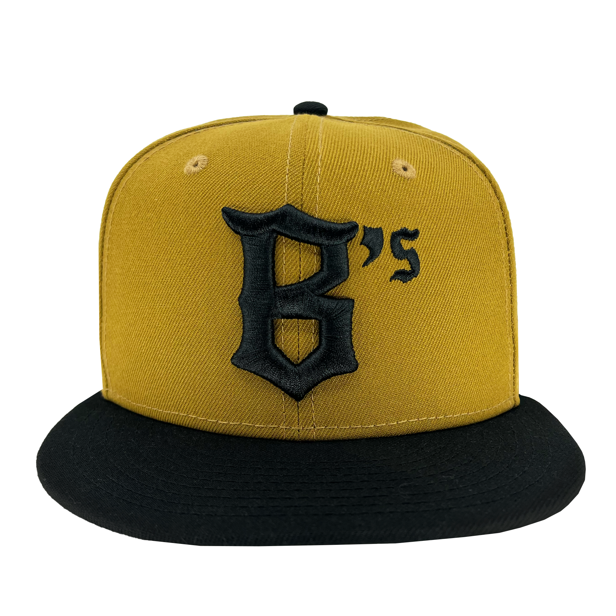 Front view of Gold New Era cap with black embroidered Oakland Ballers baseball logo.