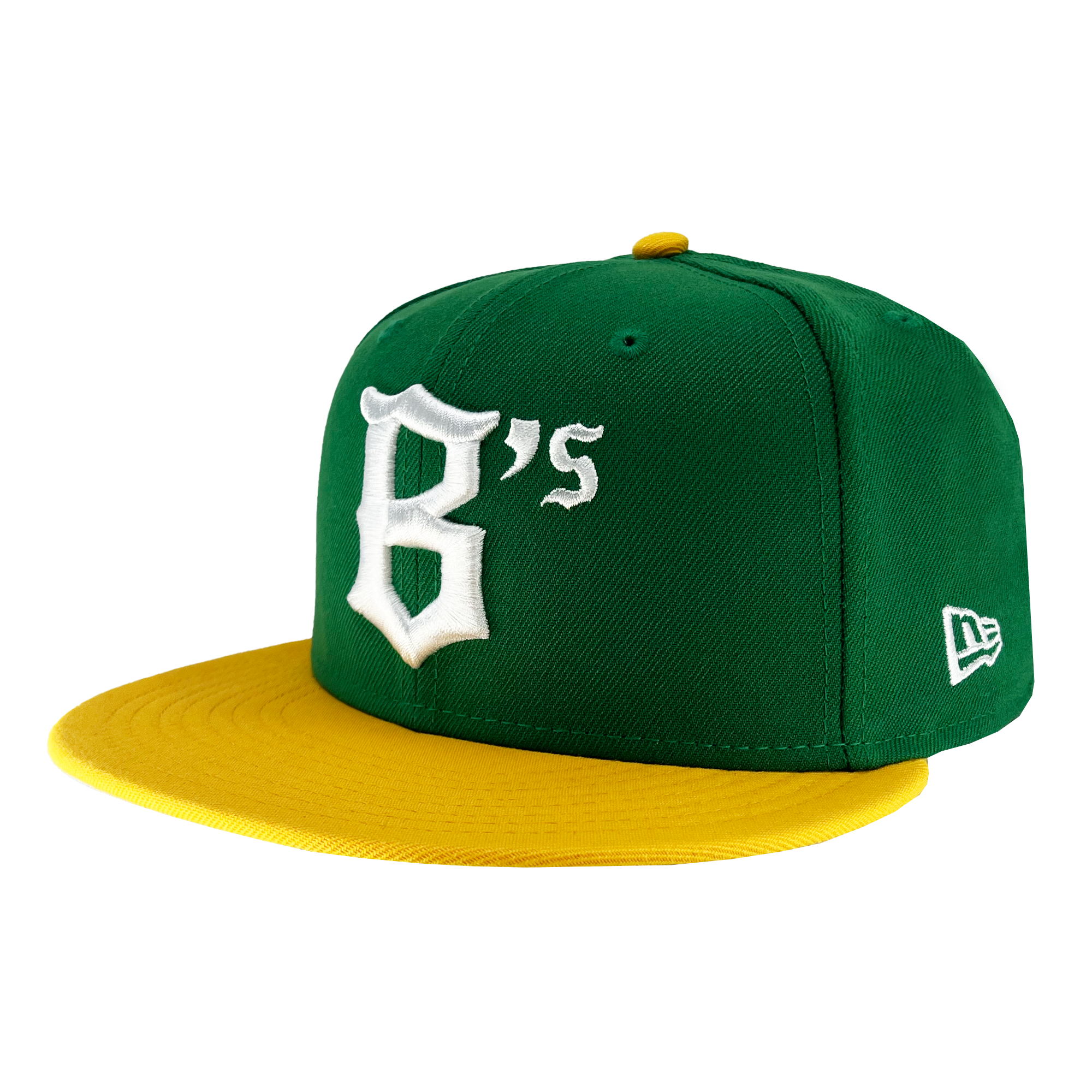 A green New Era Oakland Ballers 59Fifty Cap with a yellow brim, evocative of an Oakland sports team's colors. The front is adorned with a large white embroidered "B's" in Gothic-style font. The New Era logo is stitched on the left side, and the yellow top button matches the brim perfectly.