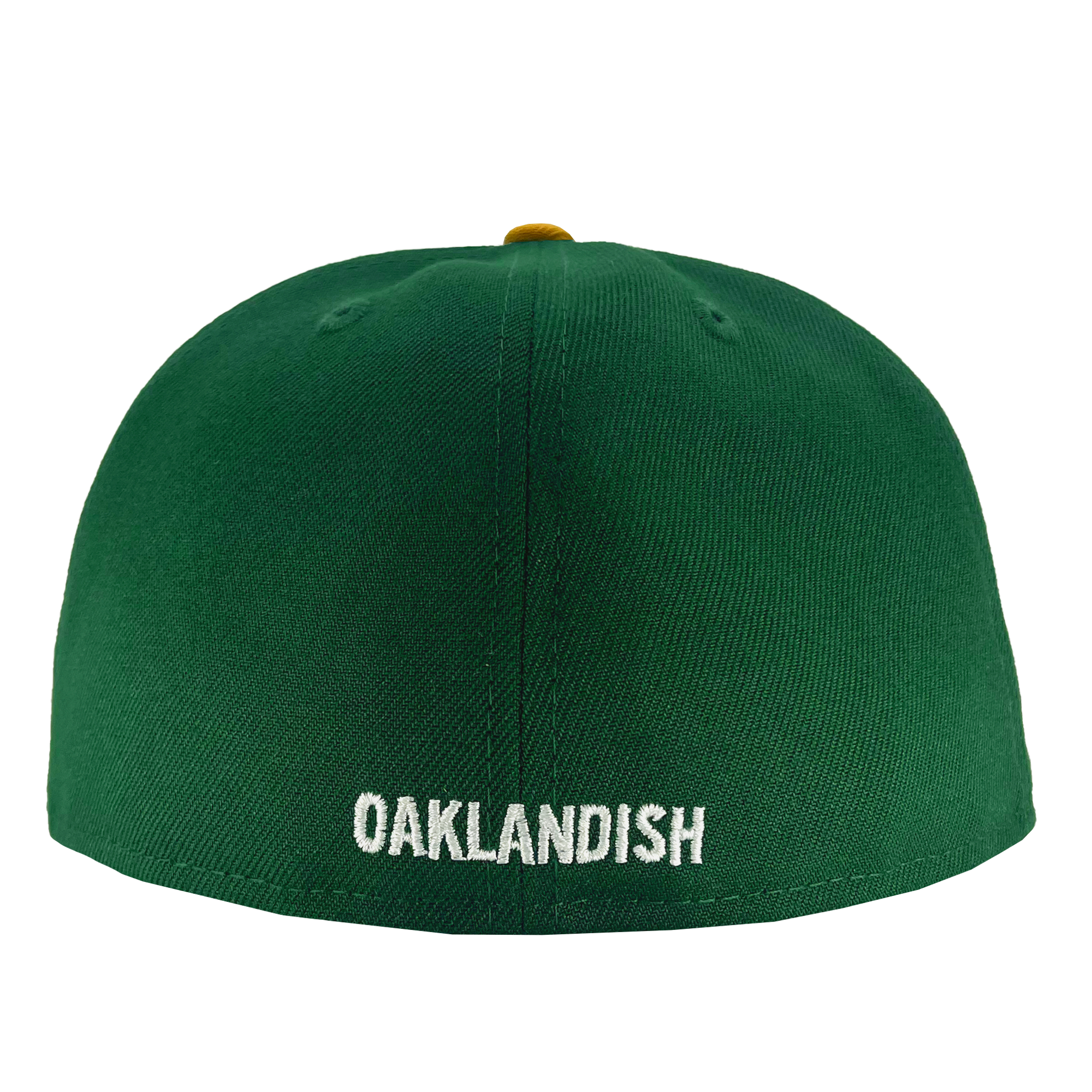 A New Era Oakland Ballers 59Fifty Cap featuring "OAKLANDISH" embroidered in white capital letters on the back. The smooth, unadorned green cap includes a partially visible button on top, making it an ideal accessory for any Oakland sports team fan.