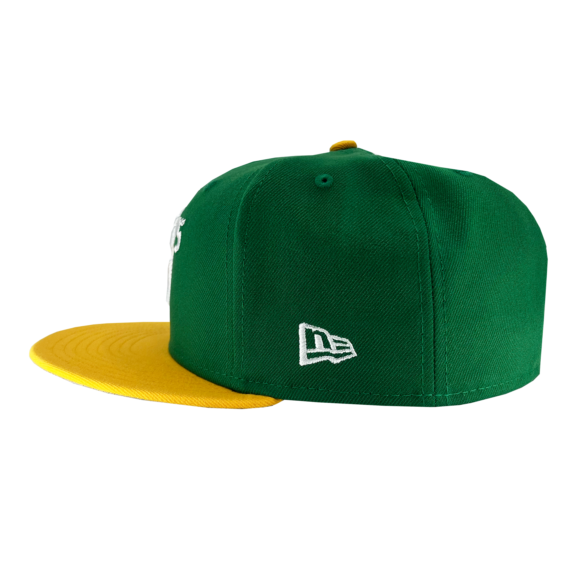 Introducing the New Era Oakland Ballers 59Fifty Cap: a stylish green baseball cap featuring a yellow brim and a small yellow button on top. The cap showcases intricate white stitching, including the iconic New Era logo on the side, making it an ideal accessory for any dedicated Oakland Ballers fan.