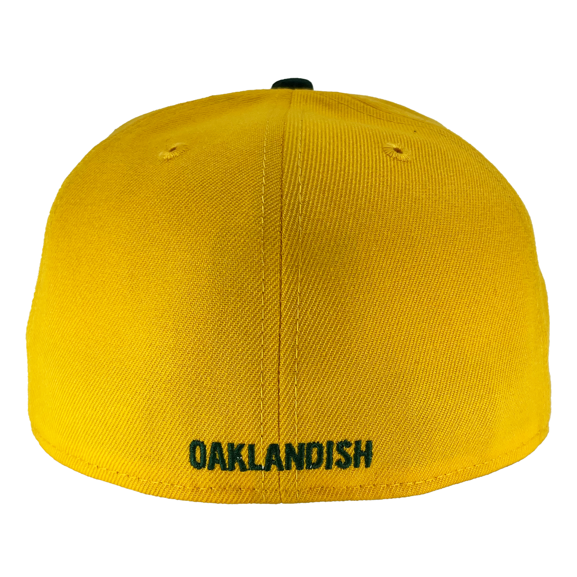 A yellow New Era Oakland Ballers 59FIFTY Cap is shown from the back. The textured fabric features two small ventilation holes near the top and the word "OAKLANDISH" embroidered at the bottom in dark green thread, embodying the spirit of Oakland Ballers.