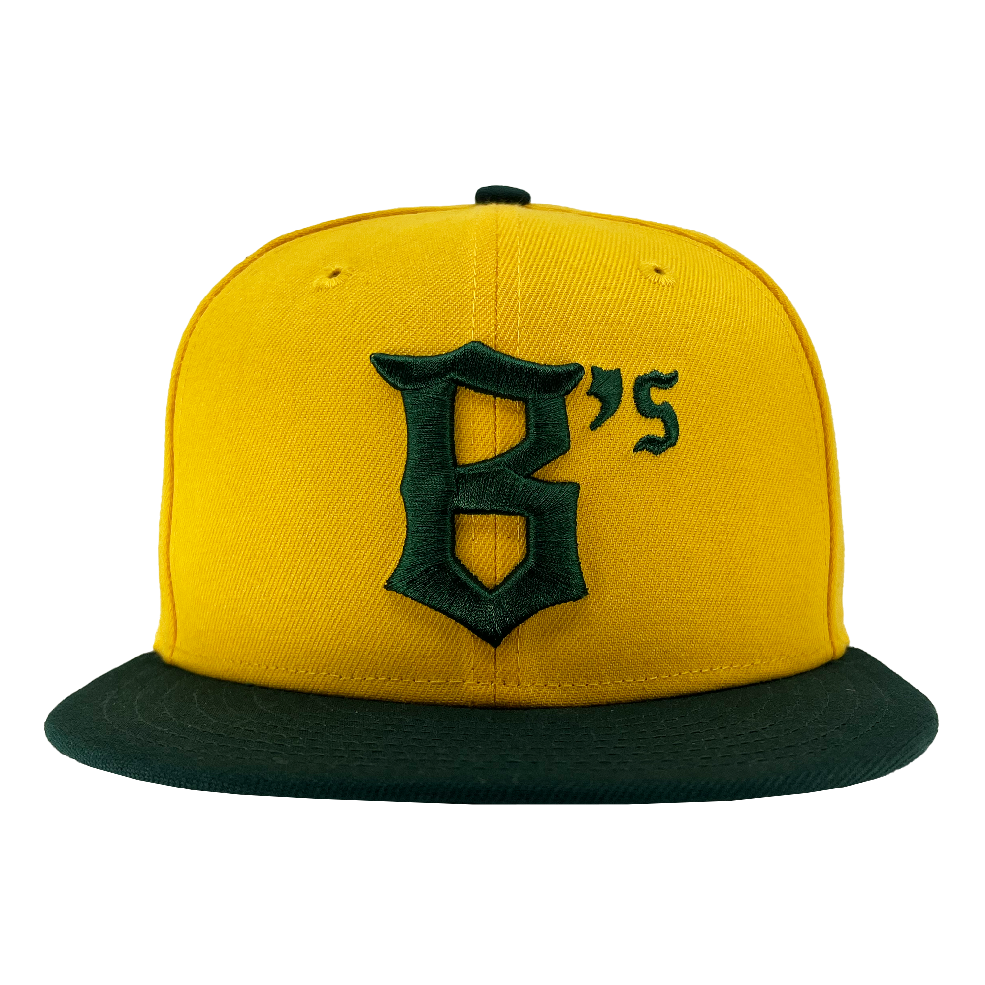 A New Era Oakland Ballers 59FIFTY Cap featuring a yellow top with a dark green brim and button. The front is adorned with a stylized, dark green "B" alongside a small "5" on the upper right, capturing the essence of the Oakland Ballers spirit.