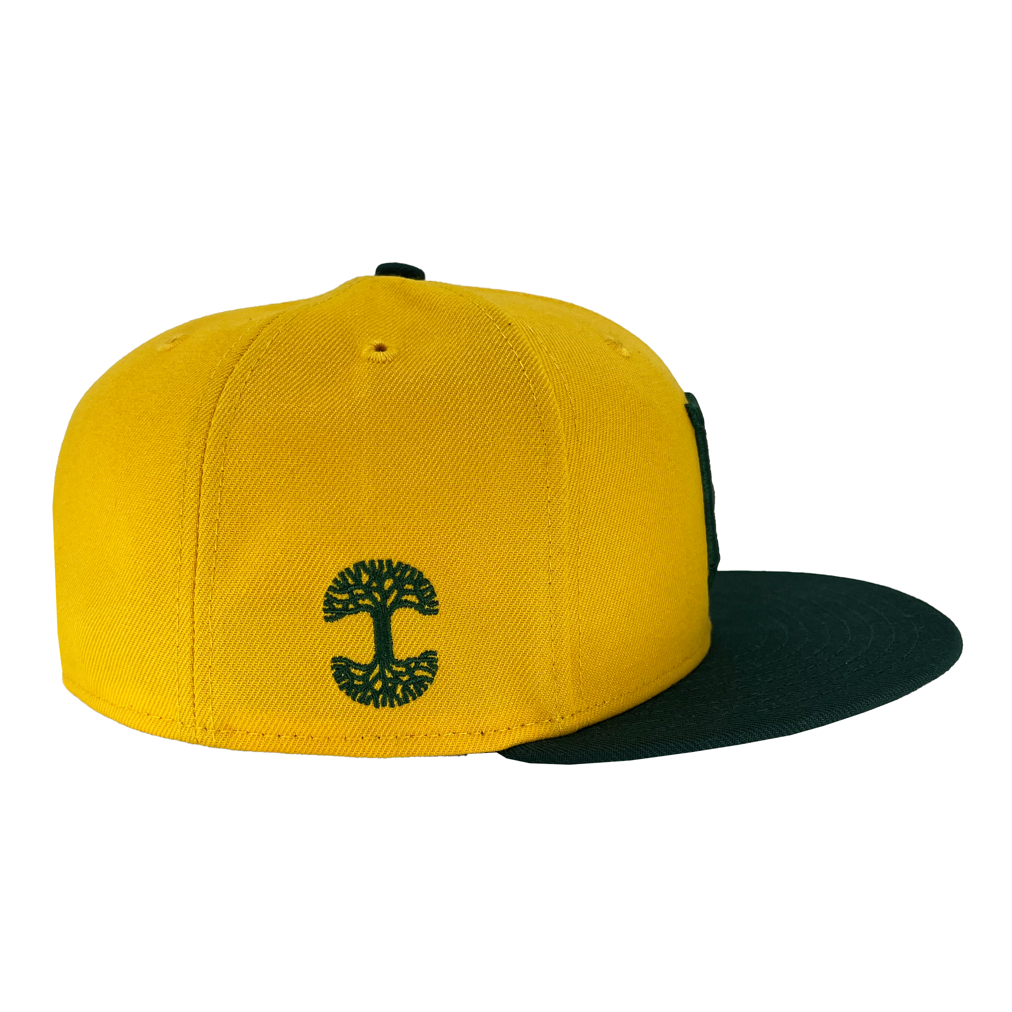 The New Era Oakland Ballers 59FIFTY Cap by Oakland Ballers features a yellow design with a black brim. The cap showcases a black embroidered emblem on the back, resembling a stylized tree within a circular pattern, embodying the Oaklandish spirit. It includes snapback closure and ventilation eyelets on the top.