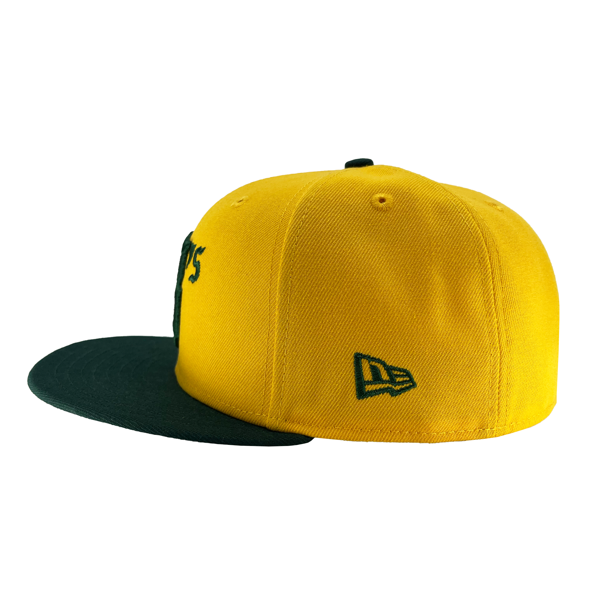 The New Era Oakland Ballers 59FIFTY Cap is showcased, featuring a yellow body with a dark green brim. The iconic Oakland Ballers logo is prominently displayed on the front left, while the green-embroidered New Era logo adorns the right side. The cap also includes a green top button and eyelets for ventilation.