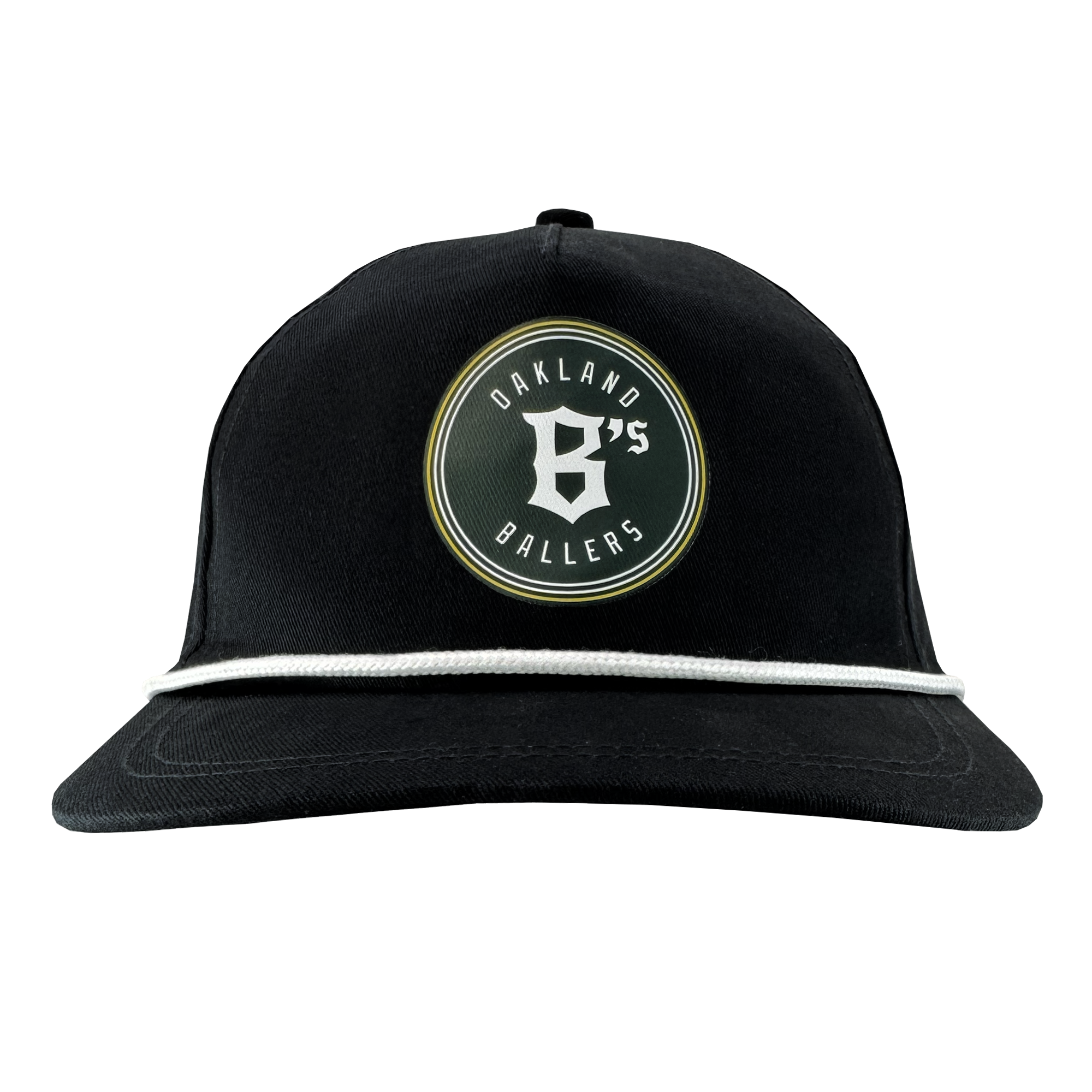 The Oakland Ballers Classic Golf Cap is a sleek black design featuring a round patch with "B" and "Oakland Ballers," representing Oakland's new pro baseball team. It has a slightly curved brim, enhanced by white cord detailing, perfect for fans of the Pioneer League.