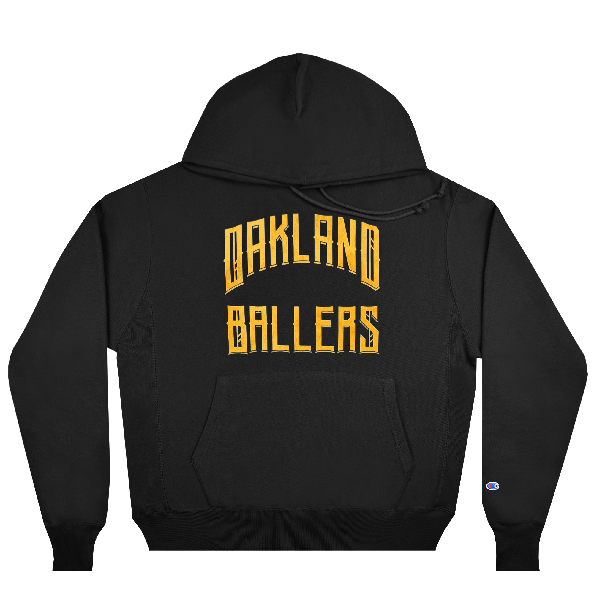 The Champion X Oakland Ballers Wordmark Hoodie, by Oakland Ballers, features a hood and front pocket. "OAKLAND BALLERS," celebrating the city's new pro baseball team, is boldly printed in yellow arching letters on the back. A small Pioneer League logo adorns the lower right sleeve.