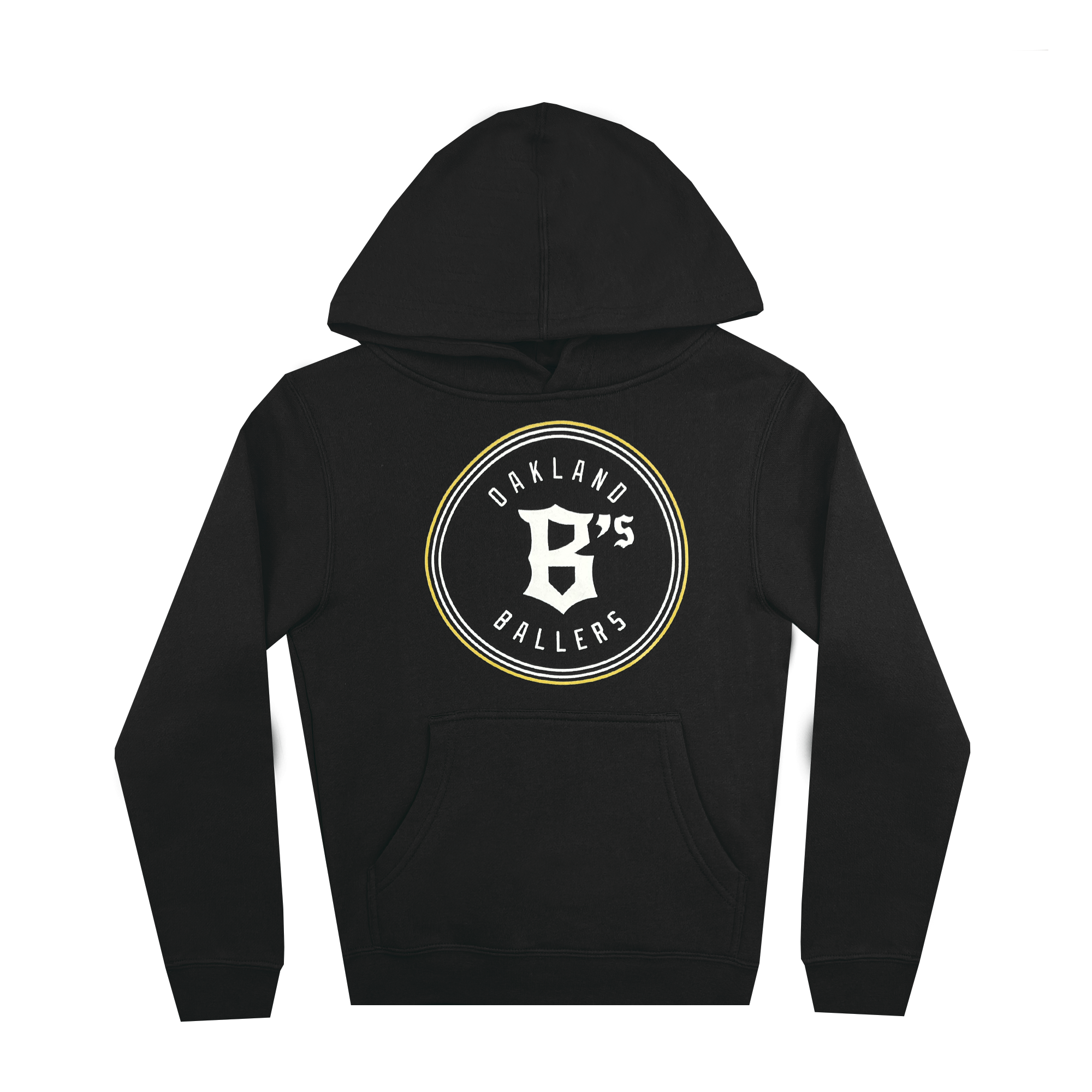 The Youth Oakland Ballers Logo Hoodie by Oakland Ballers is a black hoodie featuring a white circular design displaying "OAKLAND BALLERS". The front showcases a white and yellow ring that encloses a stylized black letter 'B' with the number '45' partially embedded in white. Equipped with a front pocket and drawstring hood, it's perfect for showing support for your favorite professional baseball team.